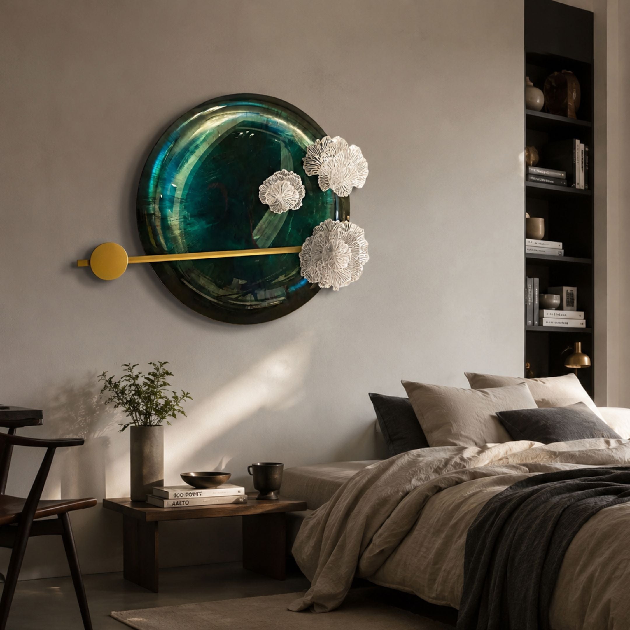 Nova Floral Radiant Emerald Green Circular Wall Art with gold arc and white acrylic flowers, mounted above a bed in a neutral-toned bedroom.