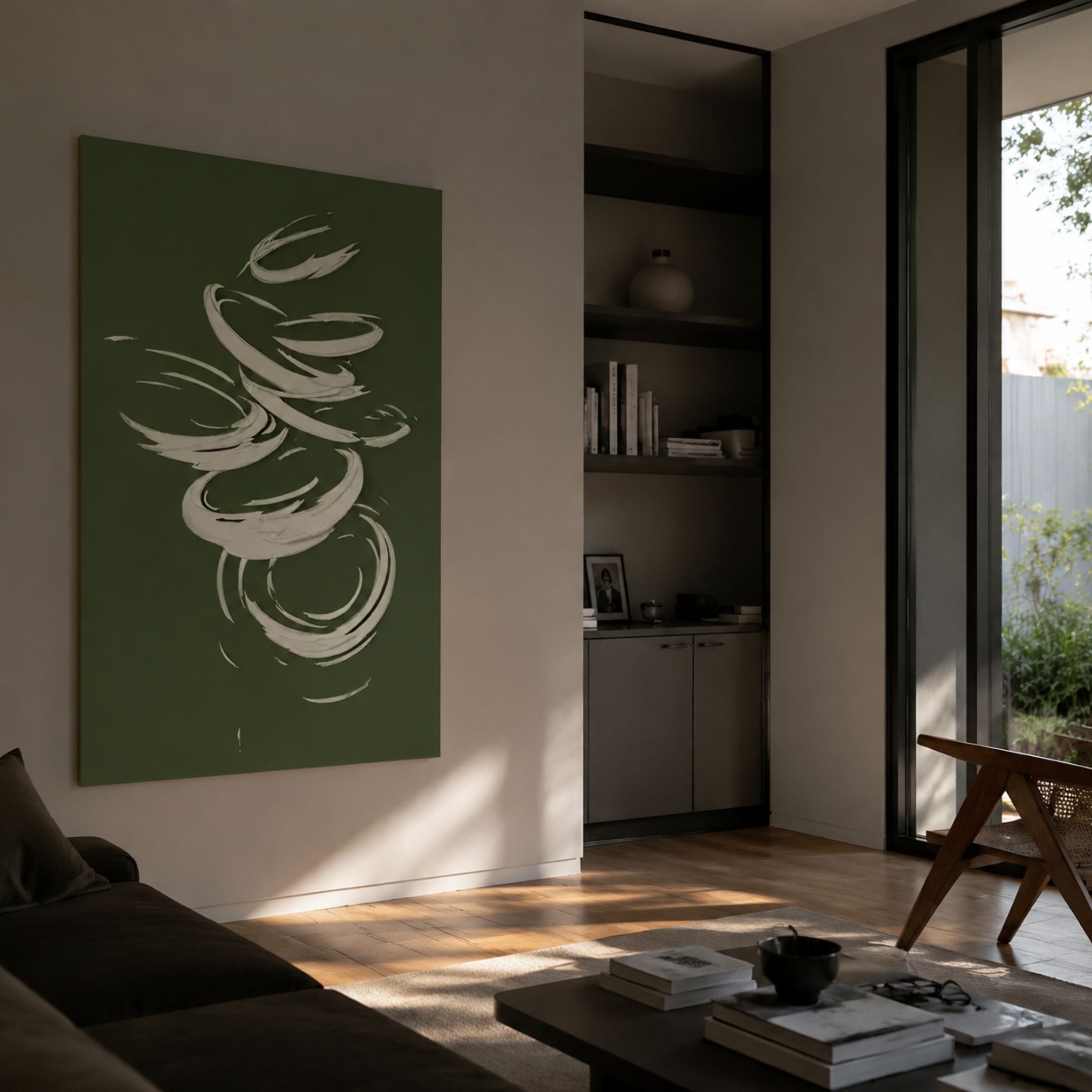 Zephyr Verdant Swirl Abstract Metal Wall Art by Giant Sculptures displayed on a living room wall, with sofa, coffee table, and built-in shelving nearby.