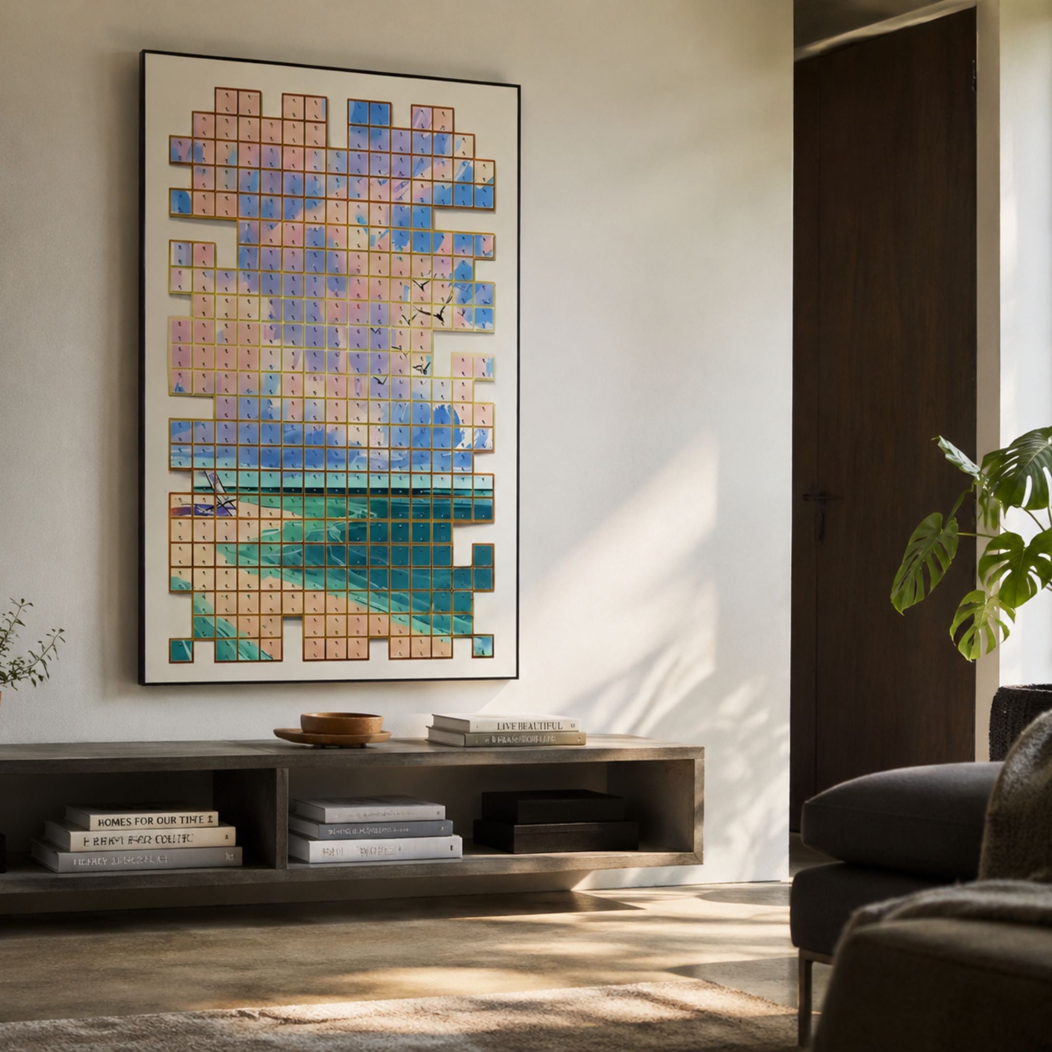 Lumora Sunset Breeze Mosaic 3D Wall Art by Giant Sculptures displayed above a low wooden console with books, in a sunlit living room with a monstera plant.