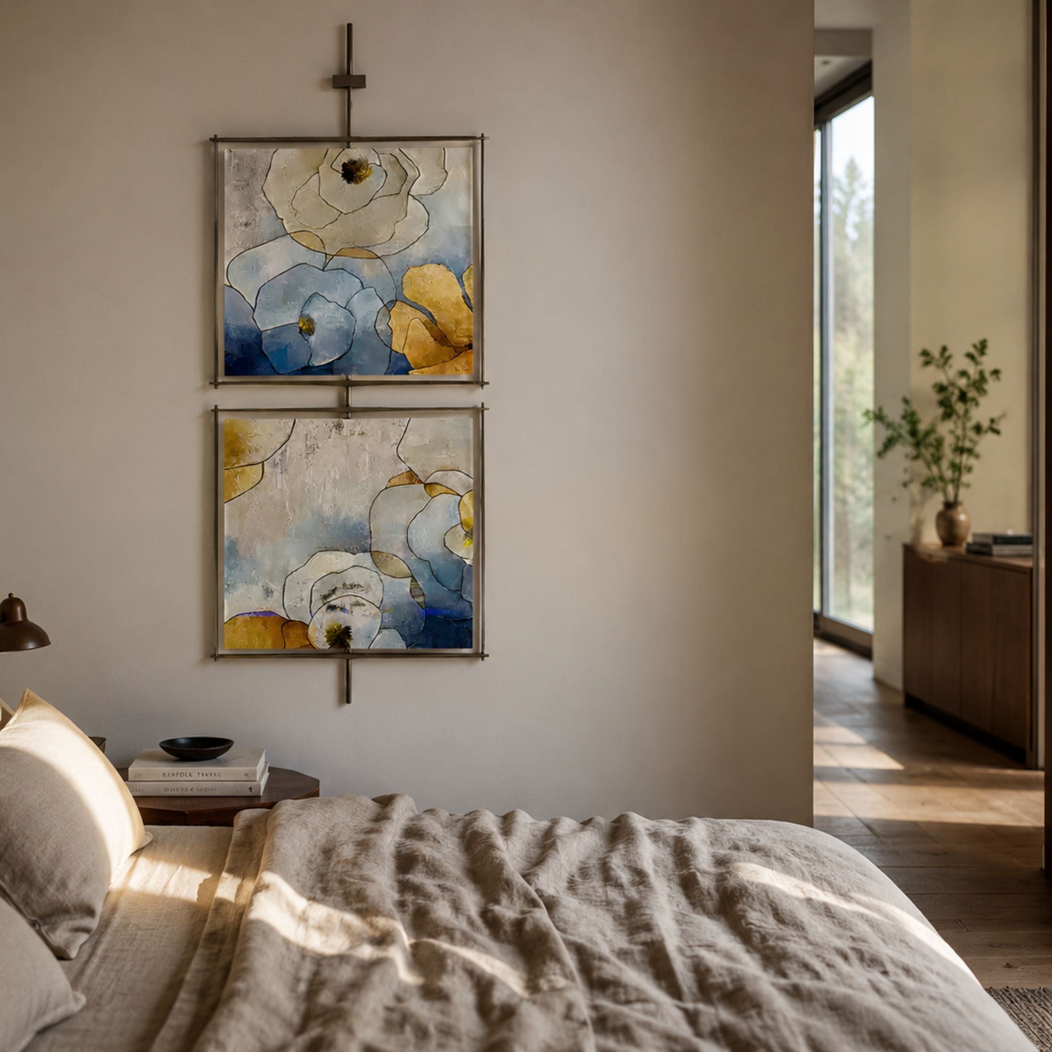 Vortice Bloom Symphony Floral Dual Panel Wall Art by Giant Sculptures, two stacked square panels with blue, yellow, and white abstract blooms, displayed above a linen-dressed bed.