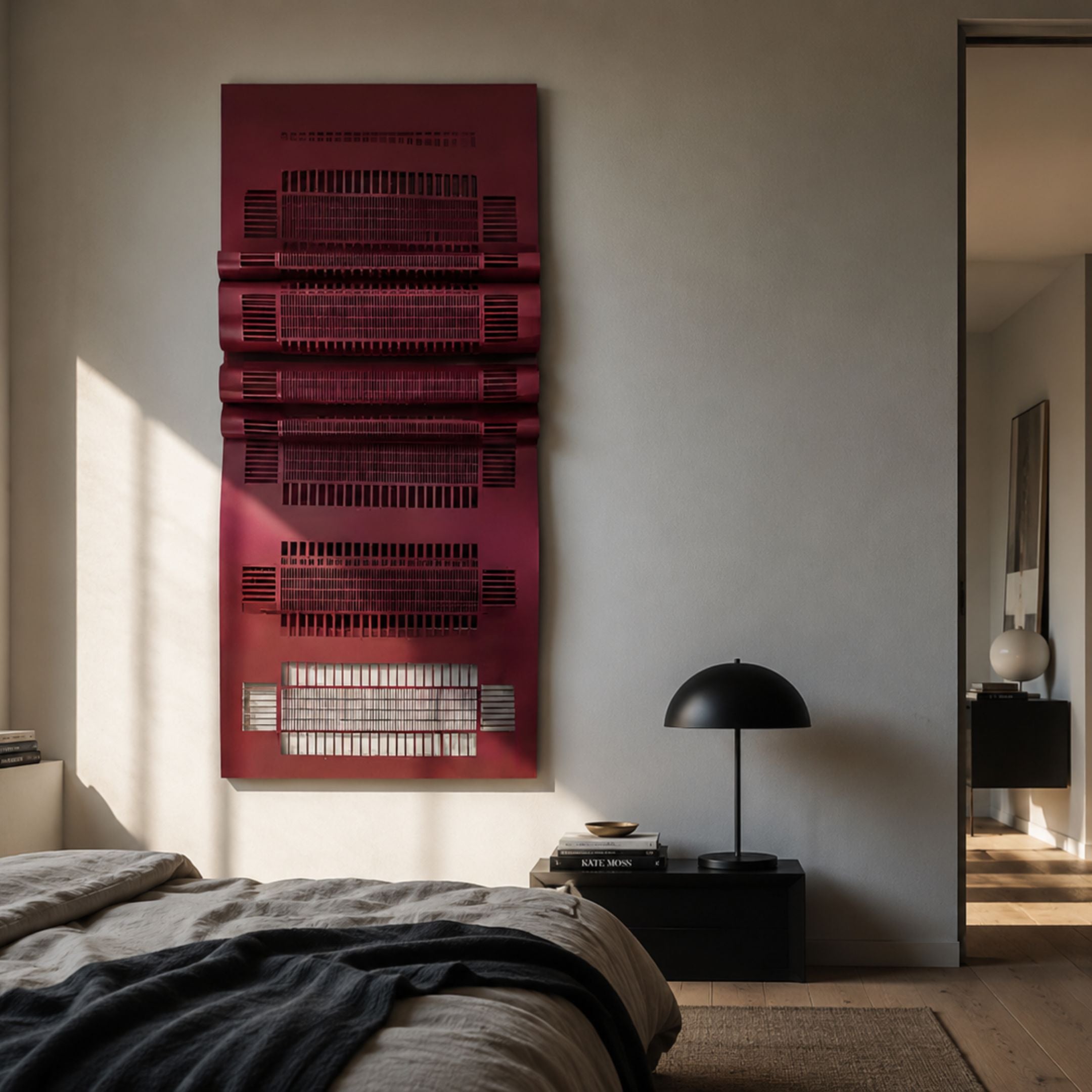 Strata Red Vertical Folded Grid Metal Wall Art by Giant Sculptures mounted above a black nightstand and dome lamp in a modern bedroom with grey linens.