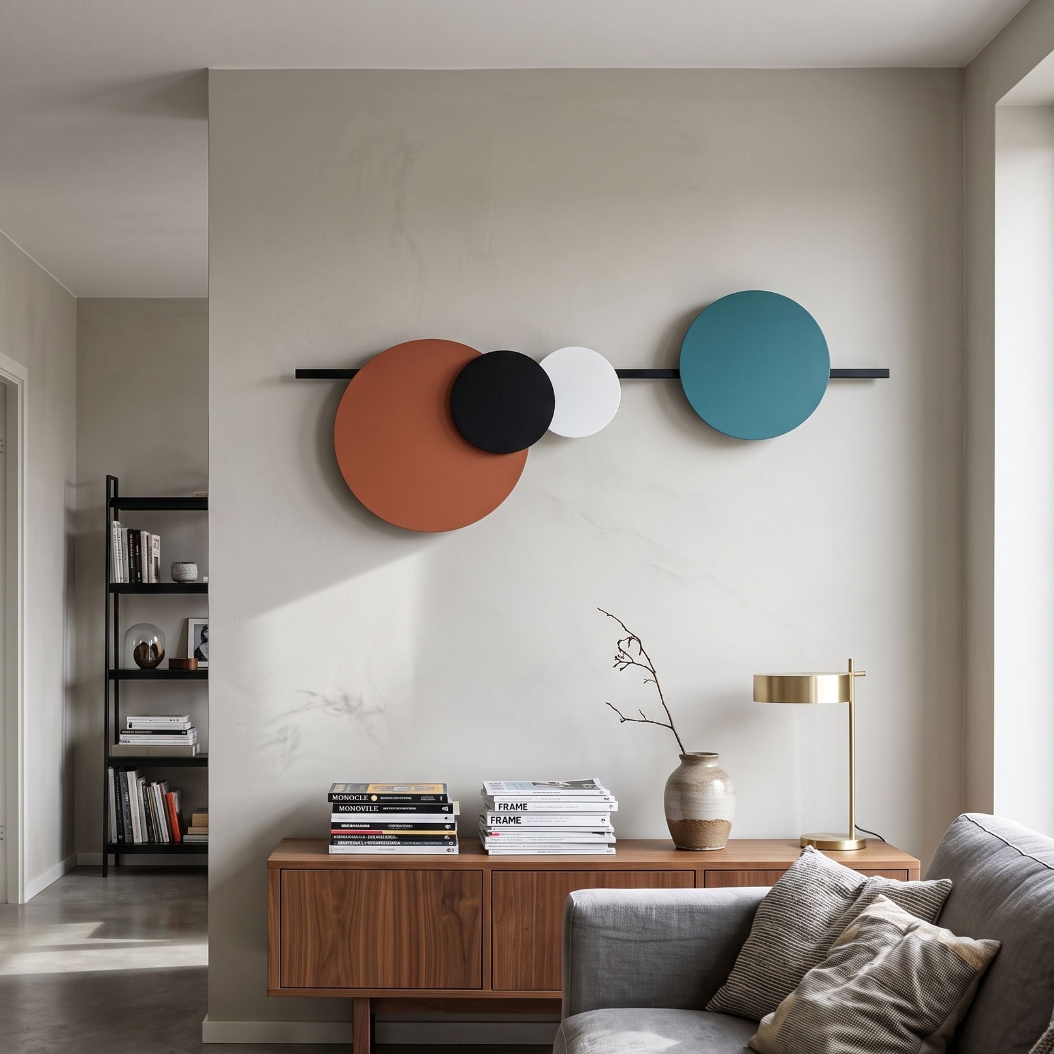 Orbit II Radiant Balance wall art by Giant Sculptures with orange, black, white, and teal discs on a black bar, mounted above a walnut sideboard in a living room.