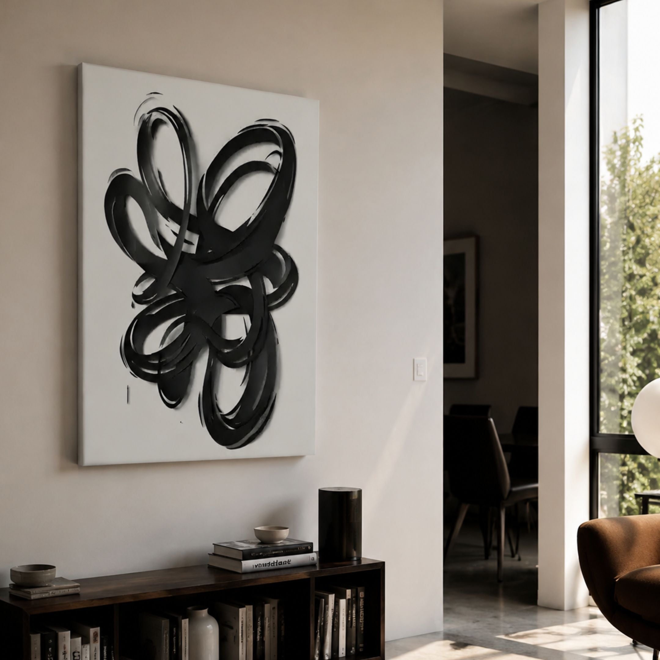 Zephyr Black Cascade Abstract Metal Wall Art by Giant Sculptures displayed above a dark wood console with books in a modern living room beside a window.