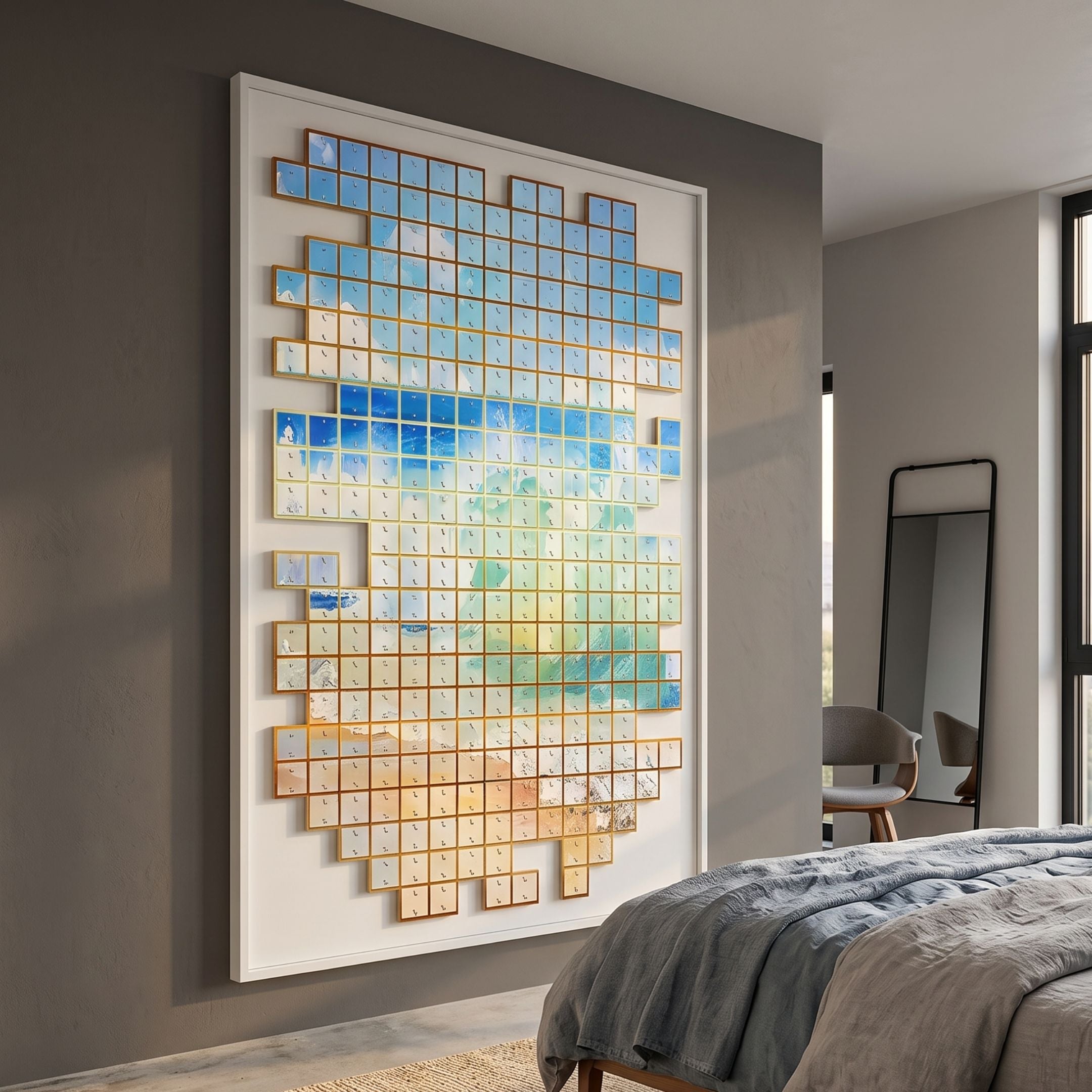 Lumora Coastal Glow Mosaic 3D Wall Art by Giant Sculptures mounted in a modern bedroom, with tessellated blue sky, turquoise ocean, and sandy shore tiles.