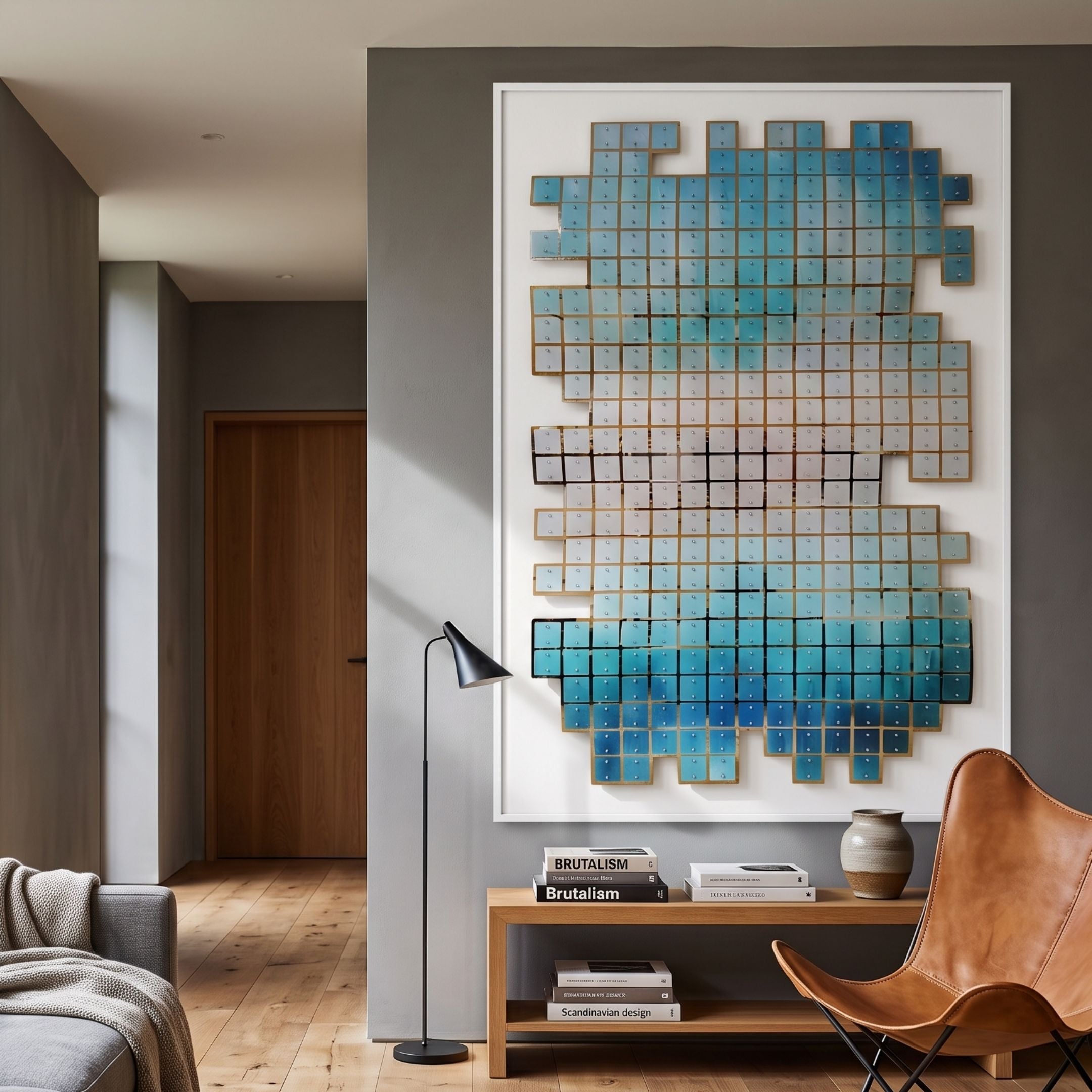 Lumora Aqua Mosaic 3D Wall Art by Giant Sculptures, a tessellated blue and white tile composition framed in white, mounted above a wooden console in a modern living room.