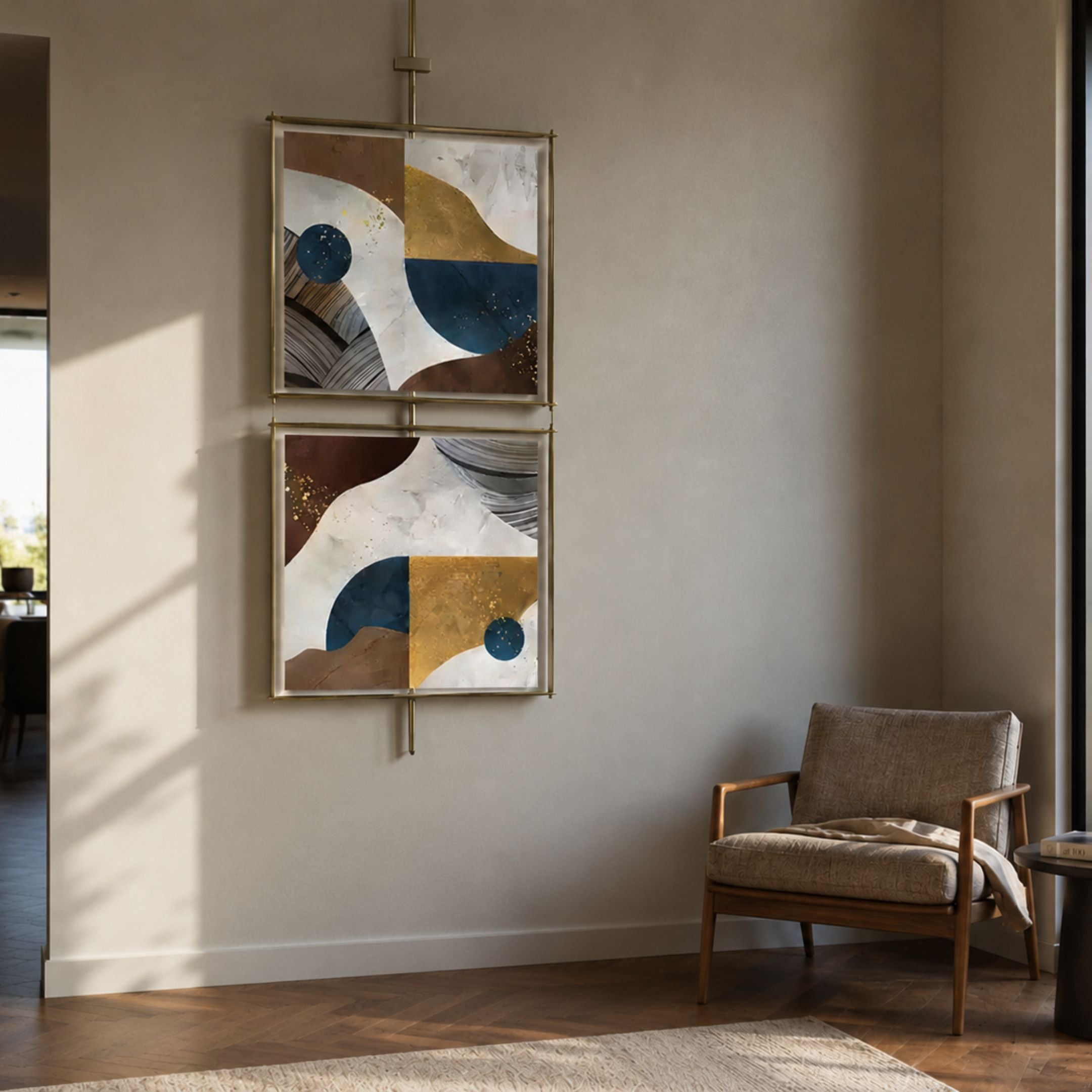 Vortice Abstract Geometry Dual Panel Wall Art by Giant Sculptures in blue, gold, brown and white, mounted on a neutral wall beside a wooden armchair.