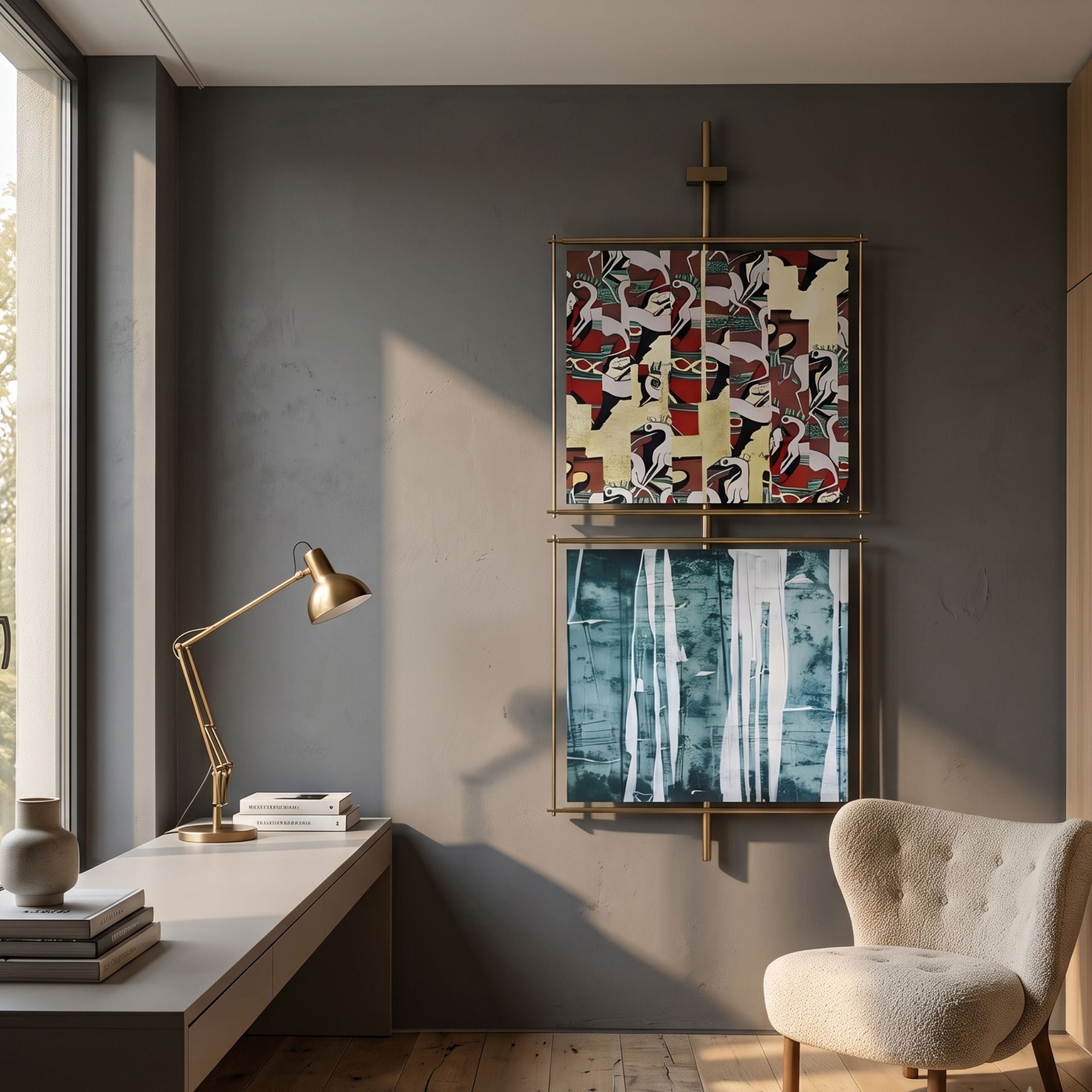 Vortice Abstract Harmony Dual Panel Wall Art by Giant Sculptures in a polished gold frame, mounted on a grey wall above a desk with brass lamp beside a boucle chair.