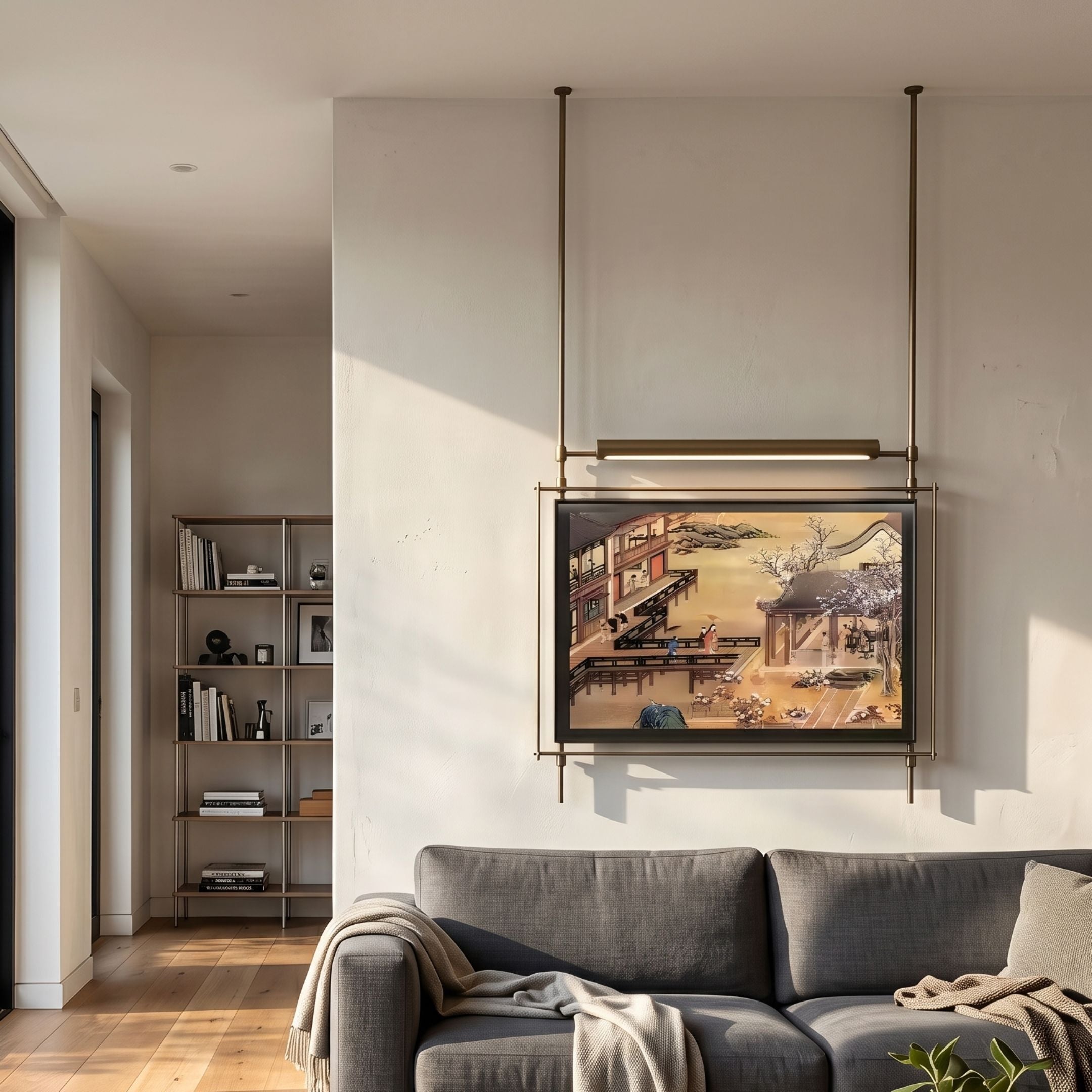 Celestique Vintage Pavilion Bliss Framed Long Hanging LED Wall Art by Giant Sculptures, suspended from ceiling rods above a grey sofa in a modern living room.