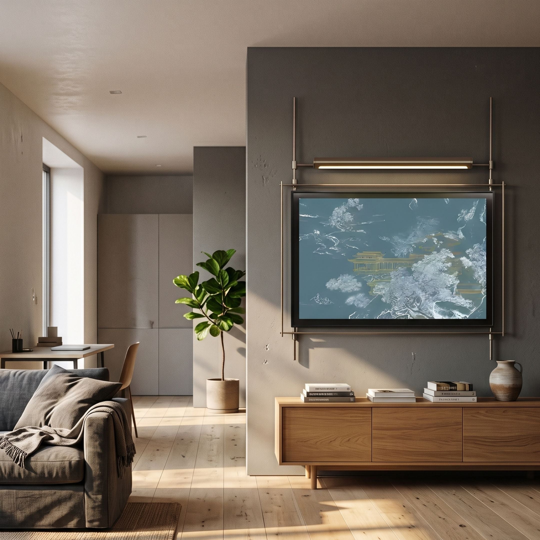 Celestique Golden Pavilion Framed LED Wall Art by Giant Sculptures mounted on a grey wall above a wooden console in a modern living room with sofa and fiddle-leaf fig.