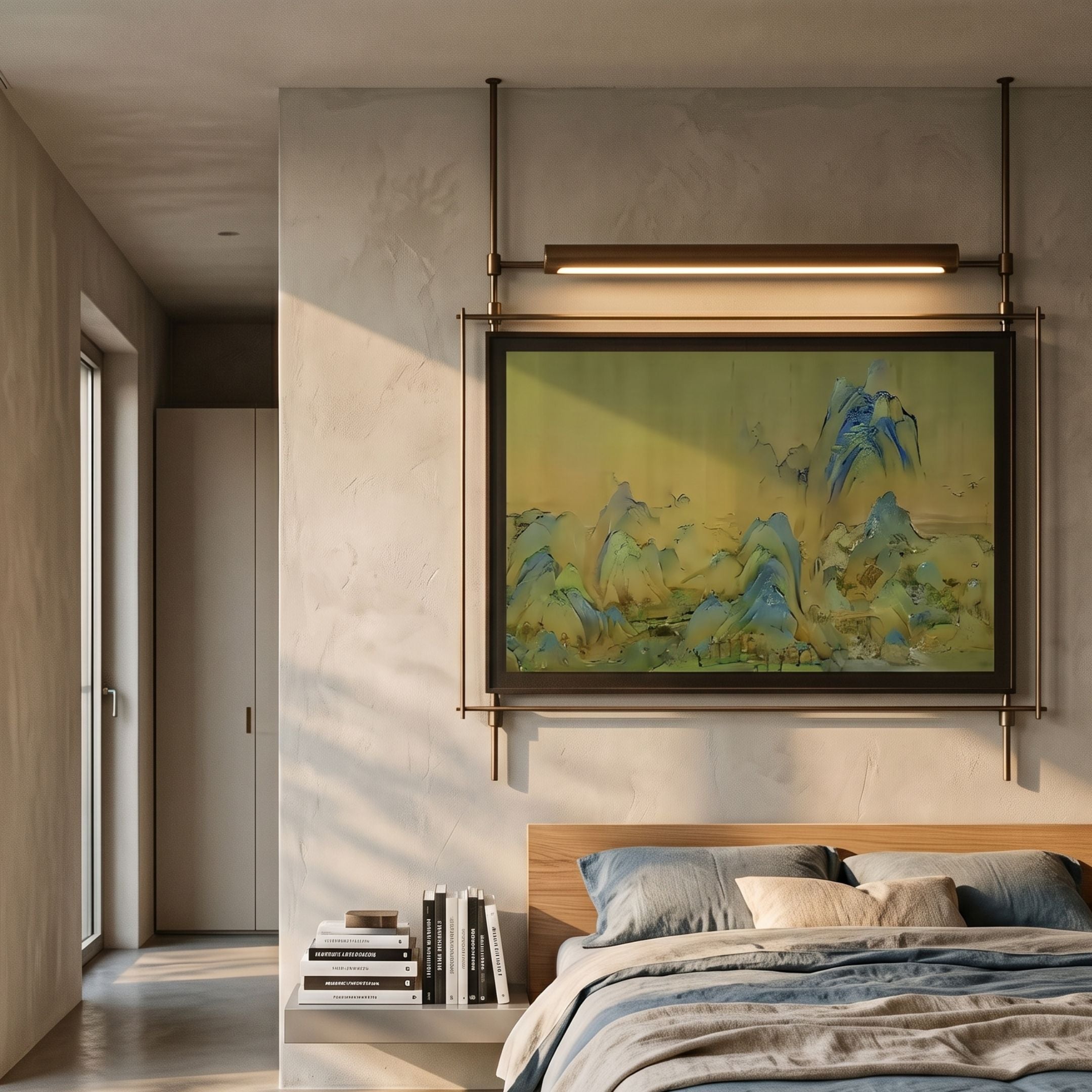 Celestique Misty Horizons Framed LED Wall Art by Giant Sculptures hung above a wooden bed, depicting blue hills under a yellow sky with overhead light bar.