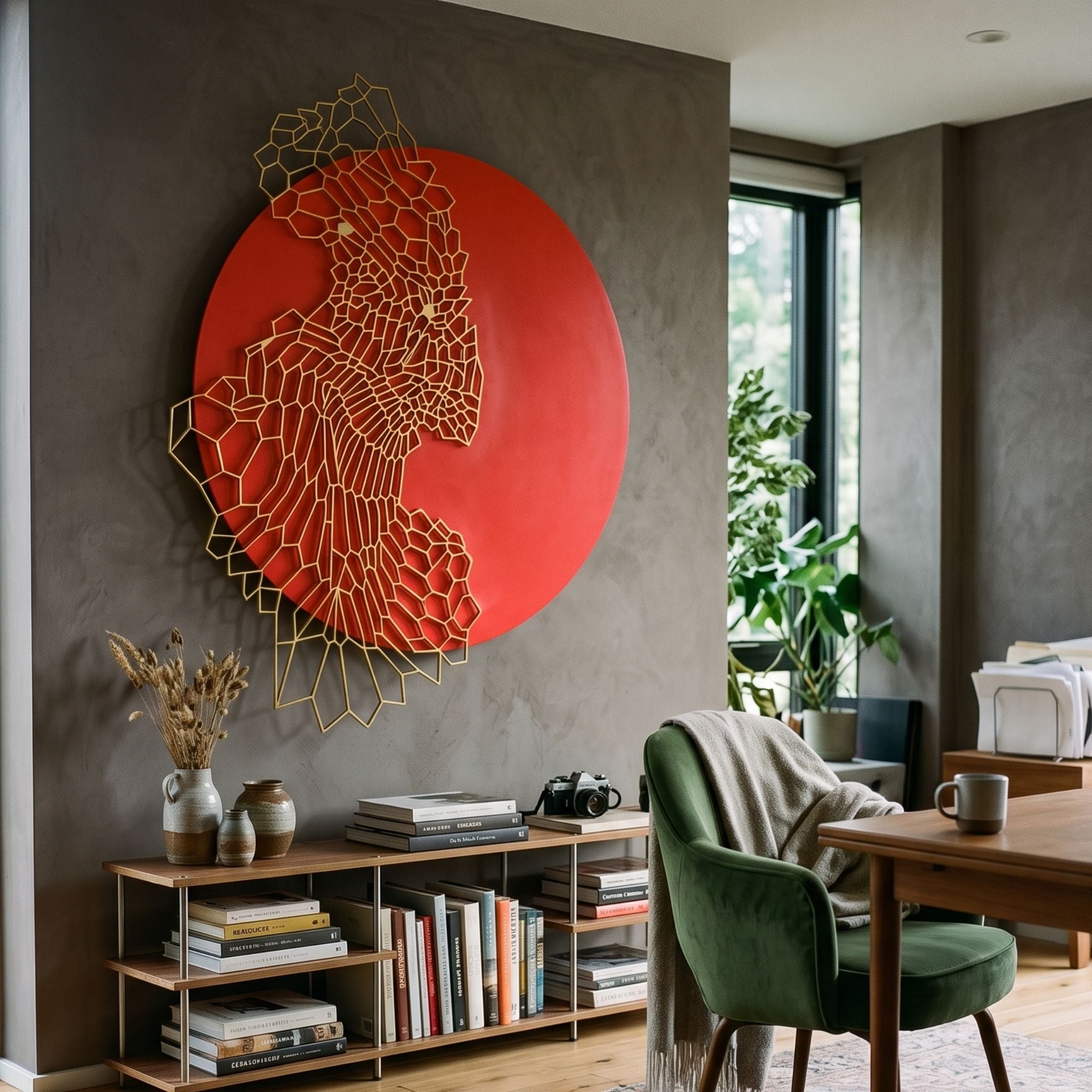 Cellura Red Geometric Flow Gold Wired Metal Wall Art by Giant Sculptures mounted on a grey wall above a low bookshelf in a modern living room.