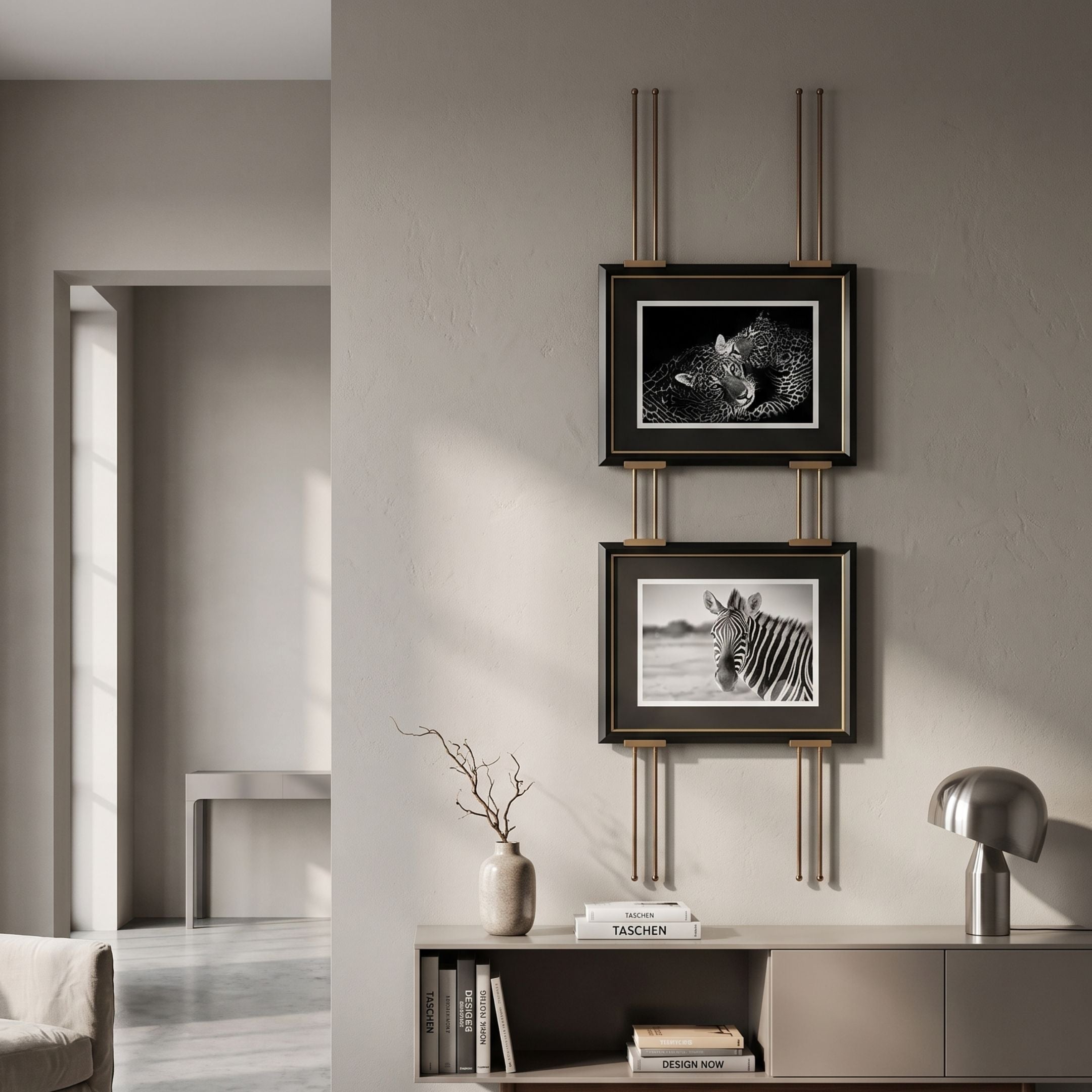 Imperia Wildlife-Inspired Zebra & Leopard Dual Frame Wall Art by Giant Sculptures, suspended on brass rods above a console in a neutral living room.