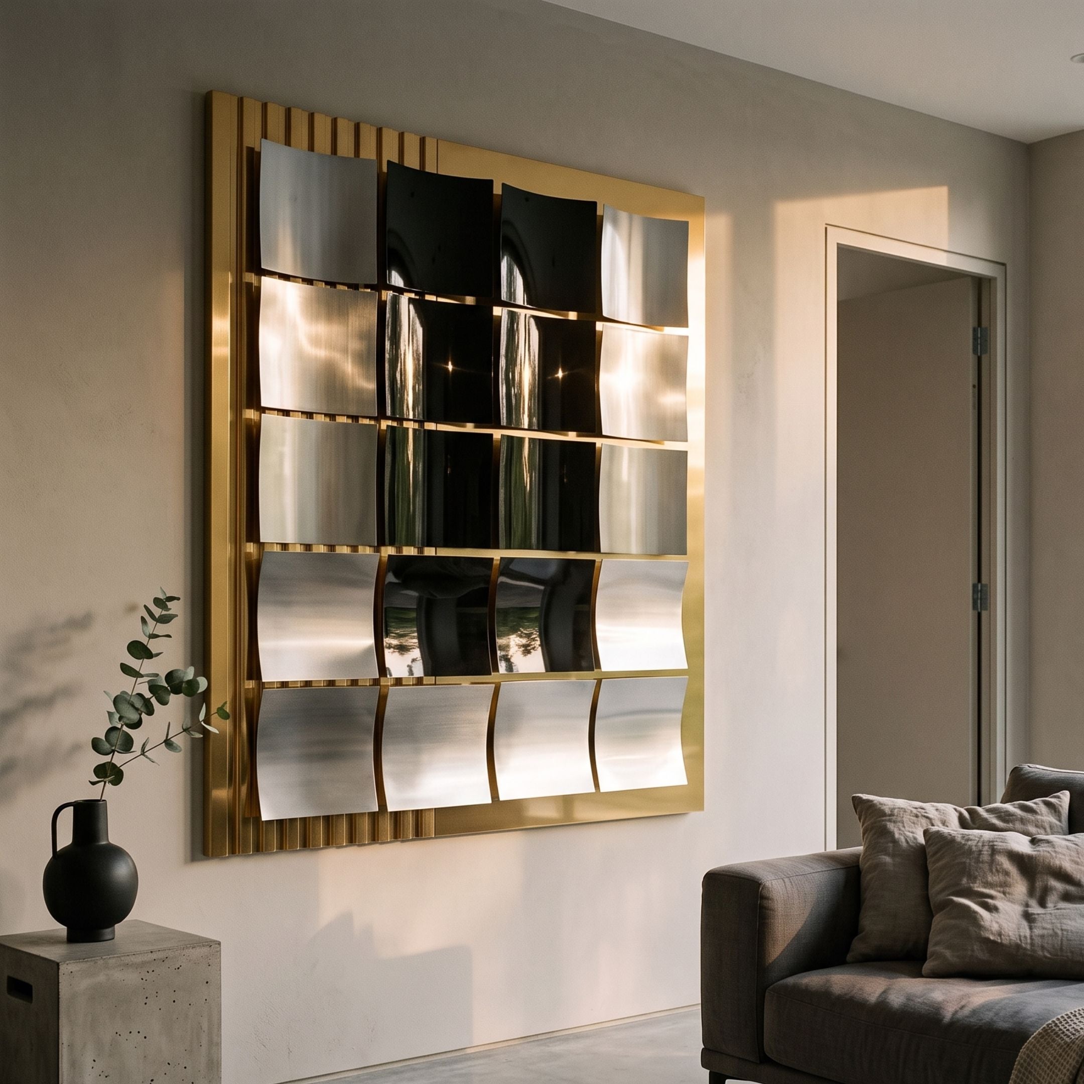 Onda Gold & Silver Rippled Geometric Metal 3D Wall Art by Giant Sculptures, mounted above a grey sofa and concrete side table with a black vase and eucalyptus.
