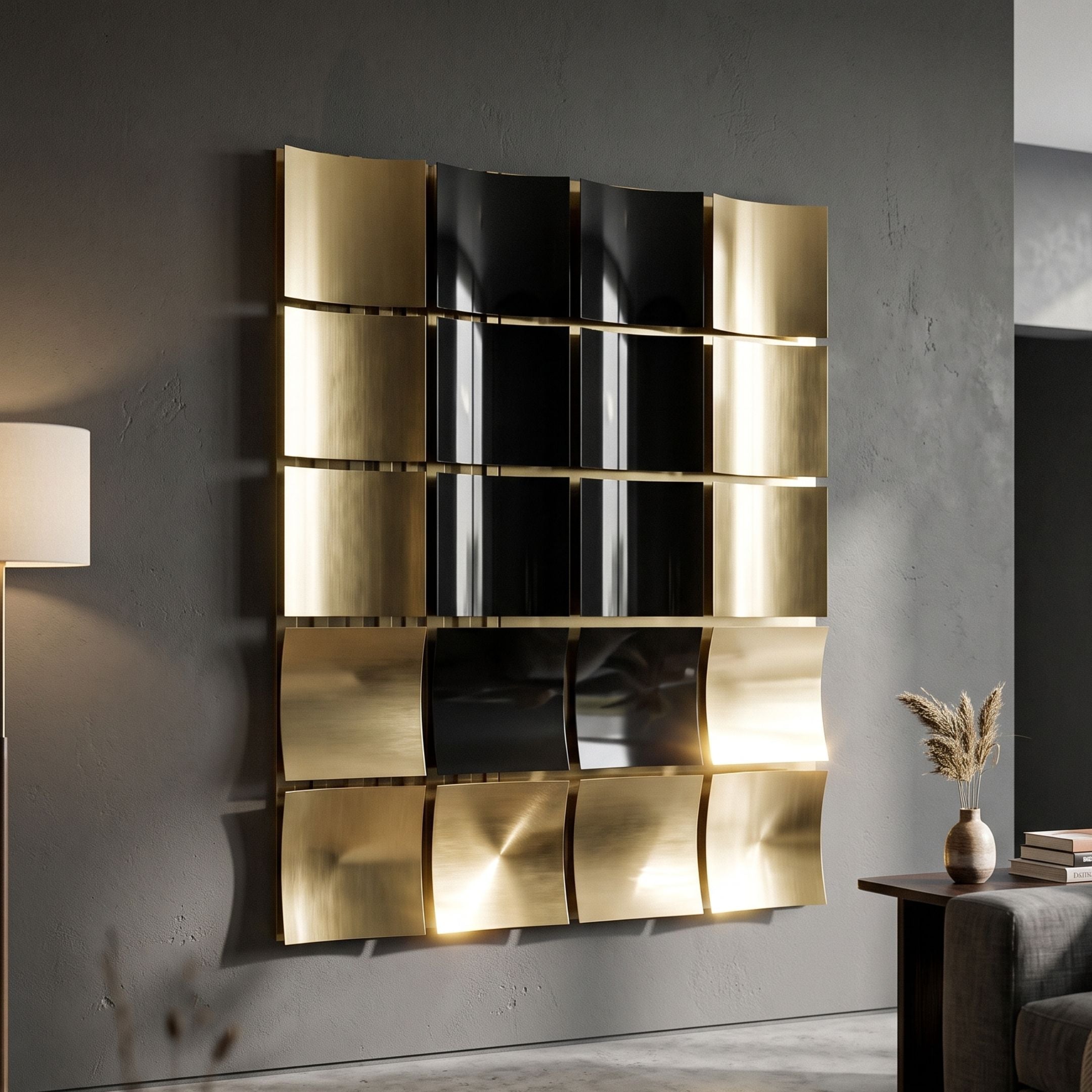 Onda Black & Gold Rippled Geometric Metal 3D Wall Art by Giant Sculptures, tessellated panels mounted on a grey wall beside a floor lamp and console.