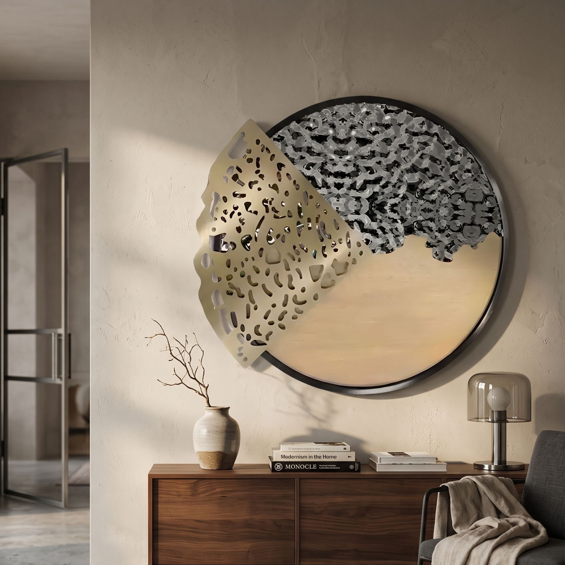 Aurelio Left Metallic Layered Textured Round Wall Art by Giant Sculptures, mounted above a walnut sideboard with vase, books, and glass lamp in a modern interior.