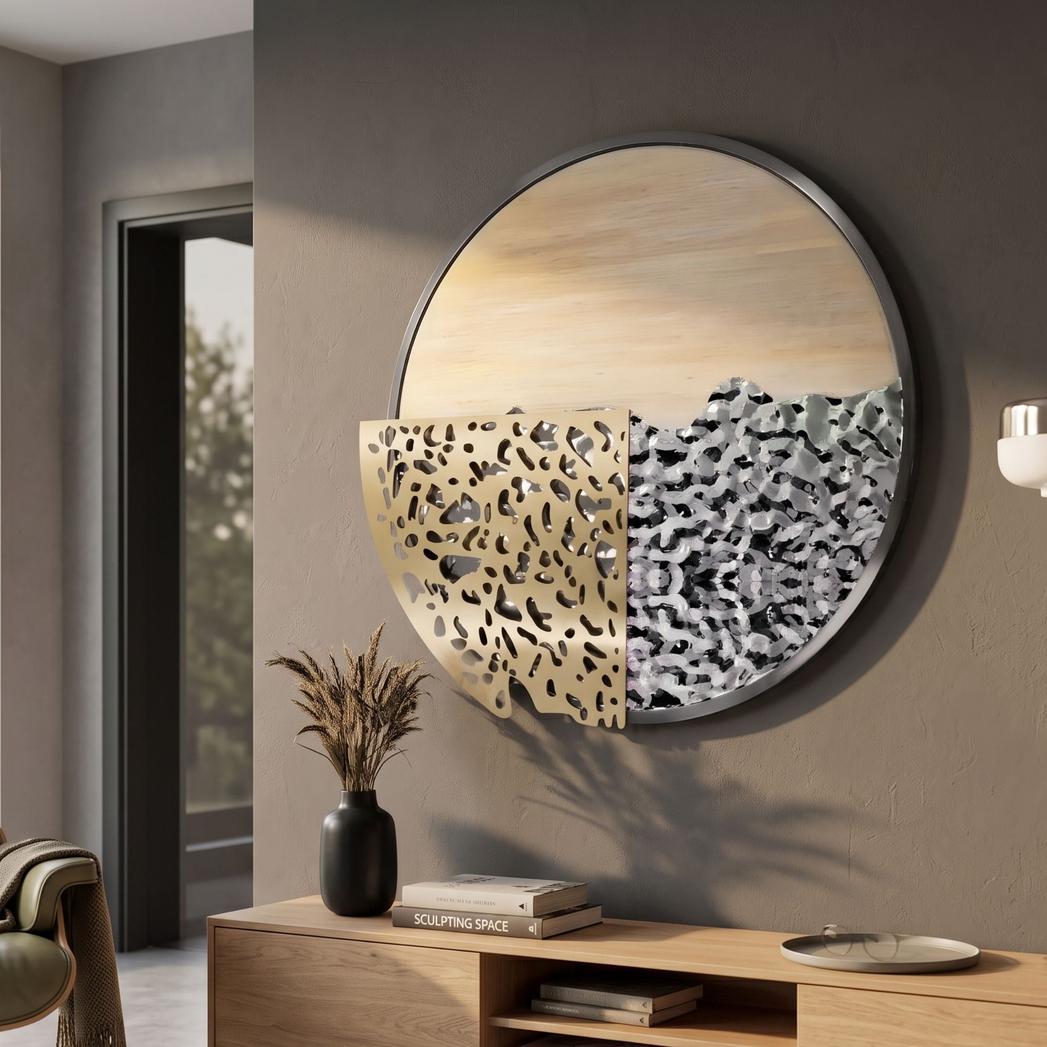 Aurelio Bottom-Right Metallic Layered Textured Round Wall Art by Giant Sculptures, with perforated gold and textured silver over beige, above an oak console.
