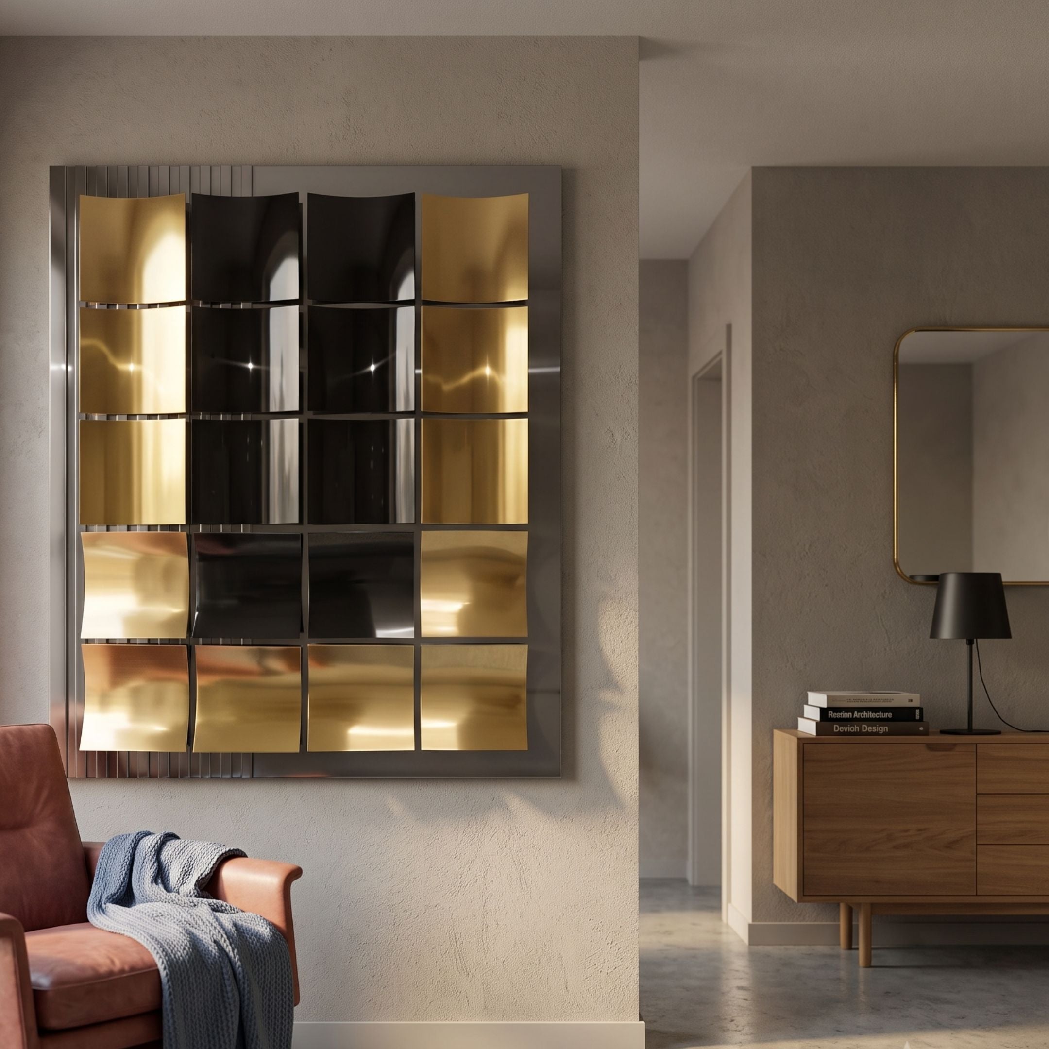 Onda Gold Rippled Geometric Metal 3D Wall Art by Giant Sculptures, a 4x4 grid of gold and black rippled tiles mounted above a tan leather armchair in a modern living room.