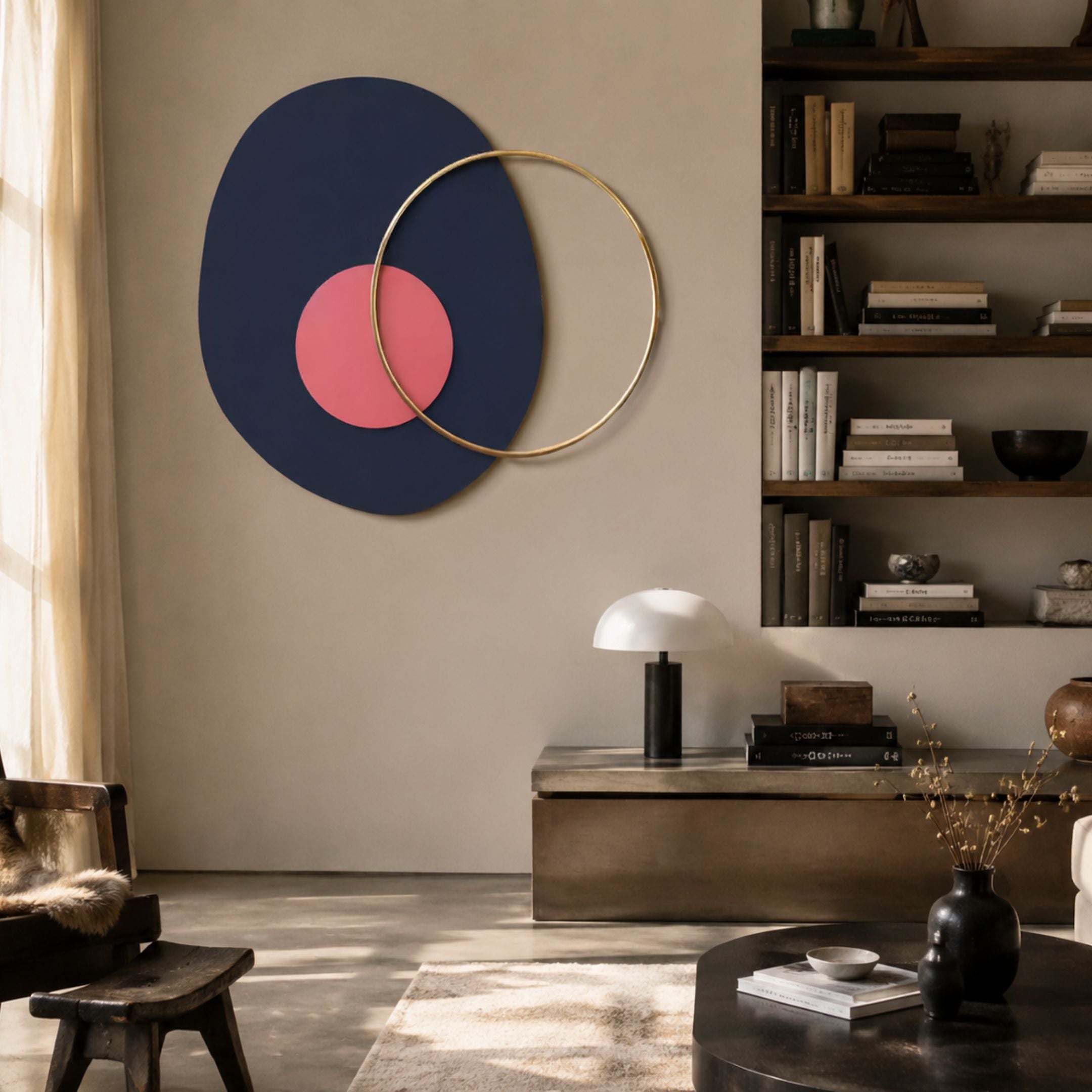 Solaro Bold Navy & Coral Round Mural Wall Art by Giant Sculptures displayed on a beige wall above a console table with lamp beside a dark bookshelf.