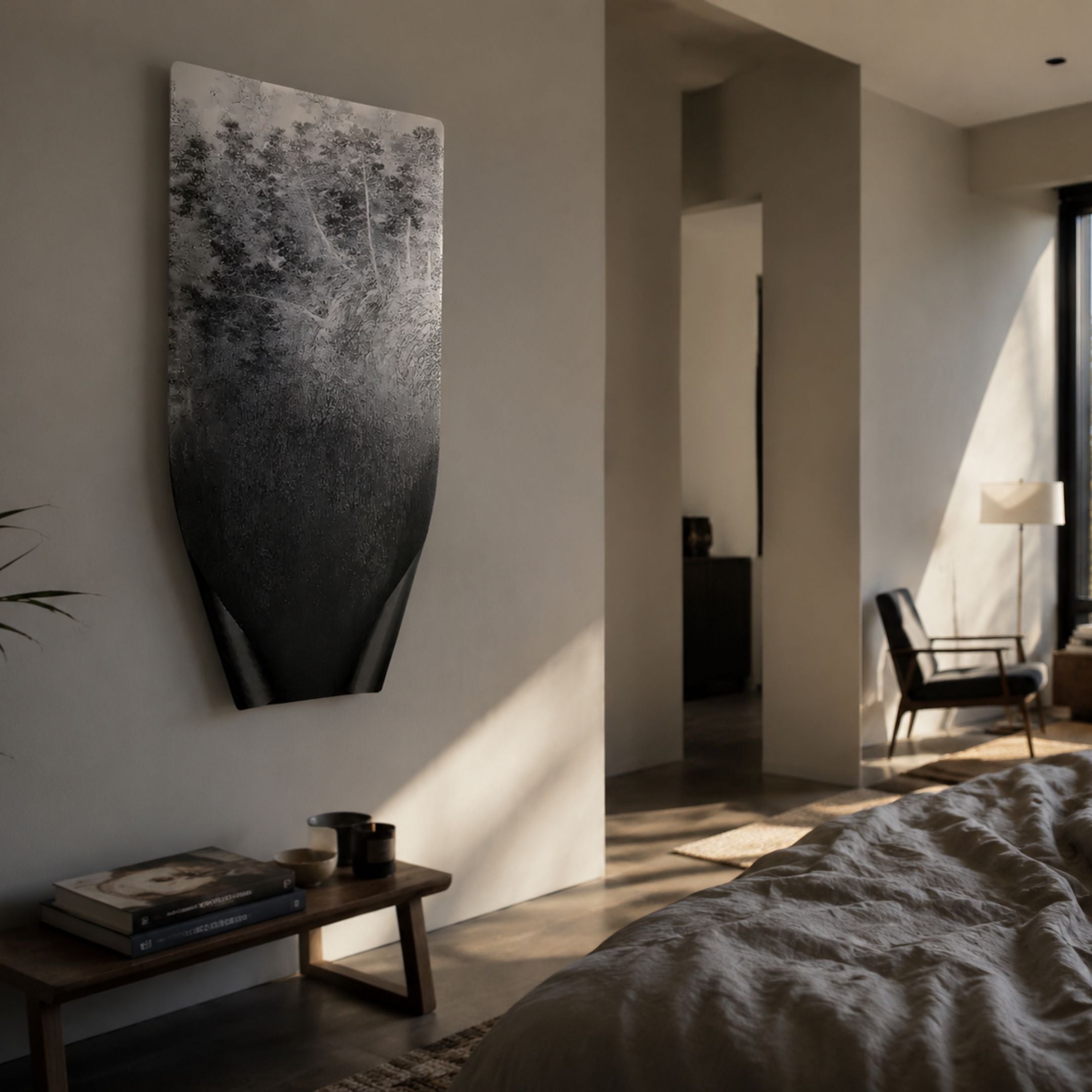 Echo Mist Landscape Abstract Panel Metal Etched 3D Wall Art by Giant Sculptures mounted in a sunlit bedroom above a wooden bench with books and ceramics.