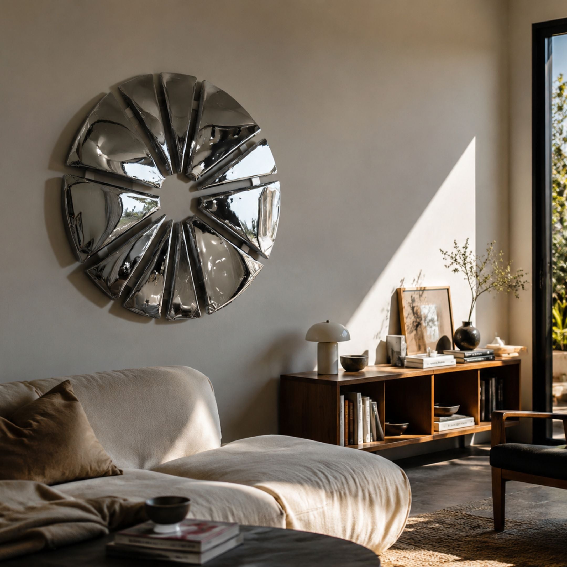 Halo Chrome Segment Circle 3D Metal Wall Art by Giant Sculptures mounted above a wood console in a sunlit living room with a linen sofa.