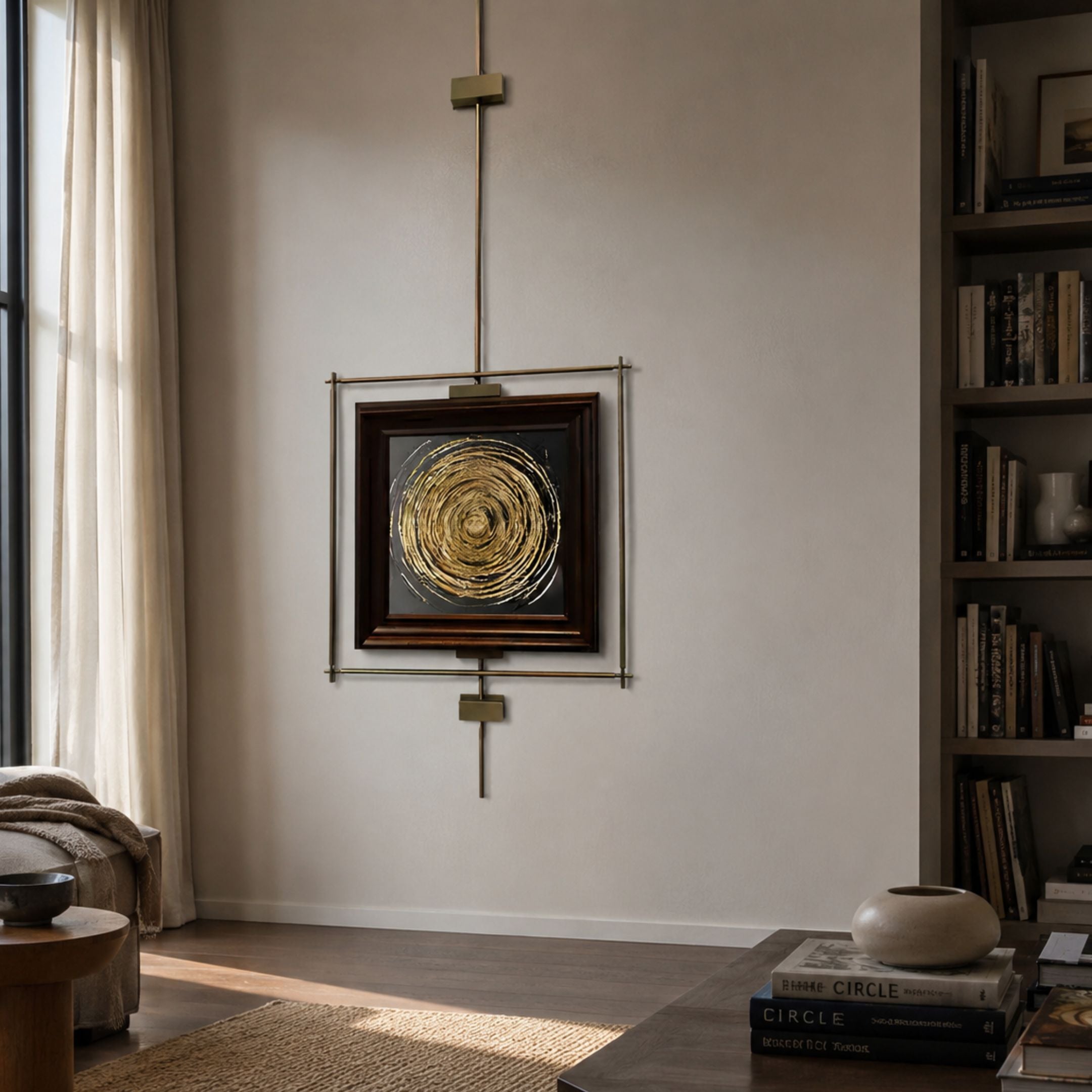 Ethereal Frames Golden Swirl Artistic Suspended Wall Art by Giant Sculptures, mounted on a light wall in a sunlit living room beside a bookshelf and curtained window.