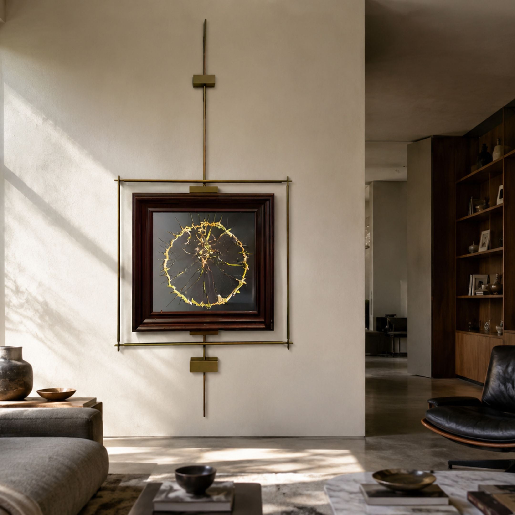 Ethereal Frames Golden Tree Classic Suspended Wall Art by Giant Sculptures, with a dark panel and radiating gold tree motif in a brass rod frame above a living room sofa.
