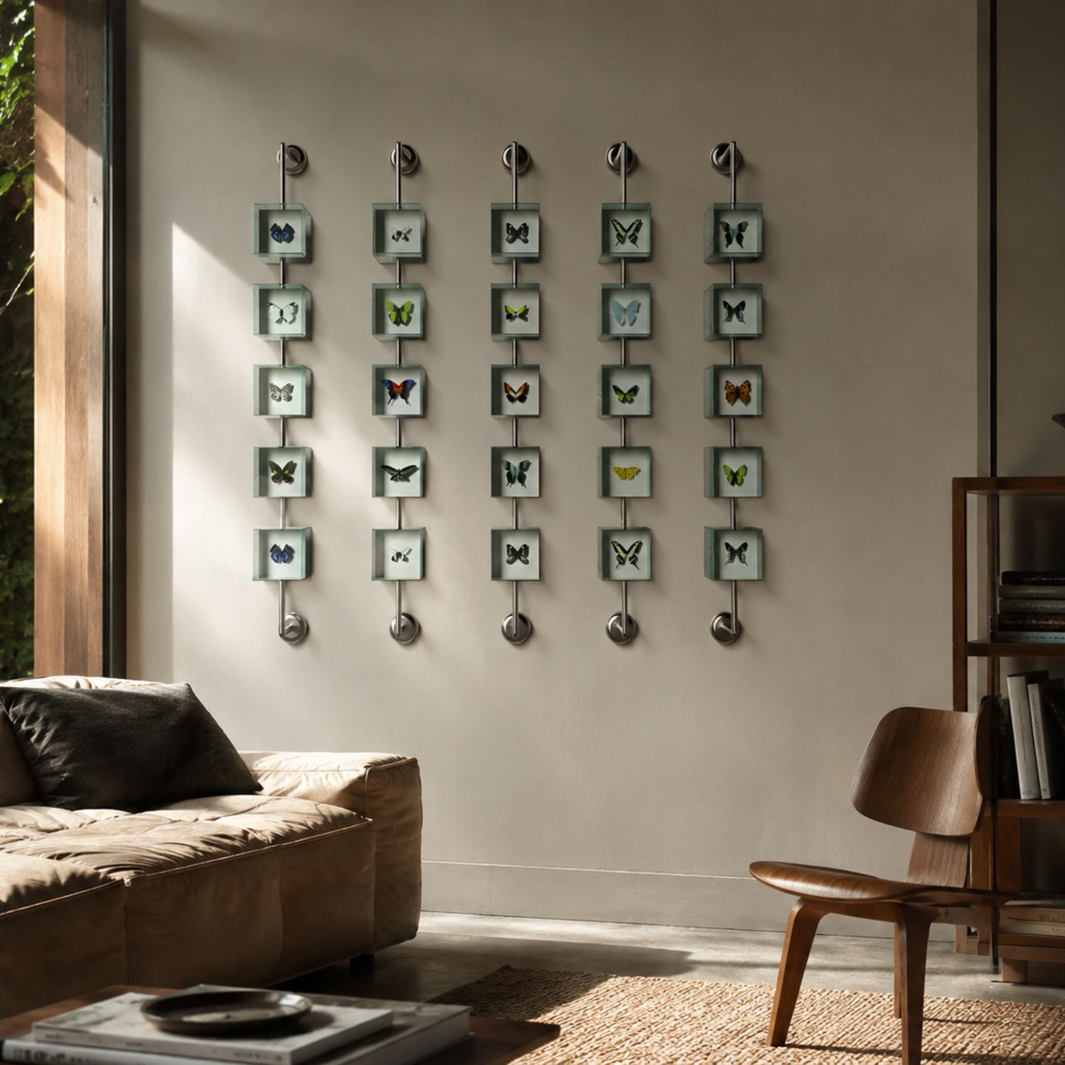 Papilio Butterfly Cascade Blue Modern 3D Wall Art Set displayed on a pale wall above a tan leather sofa, with five vertical rods of acrylic-cube butterflies.