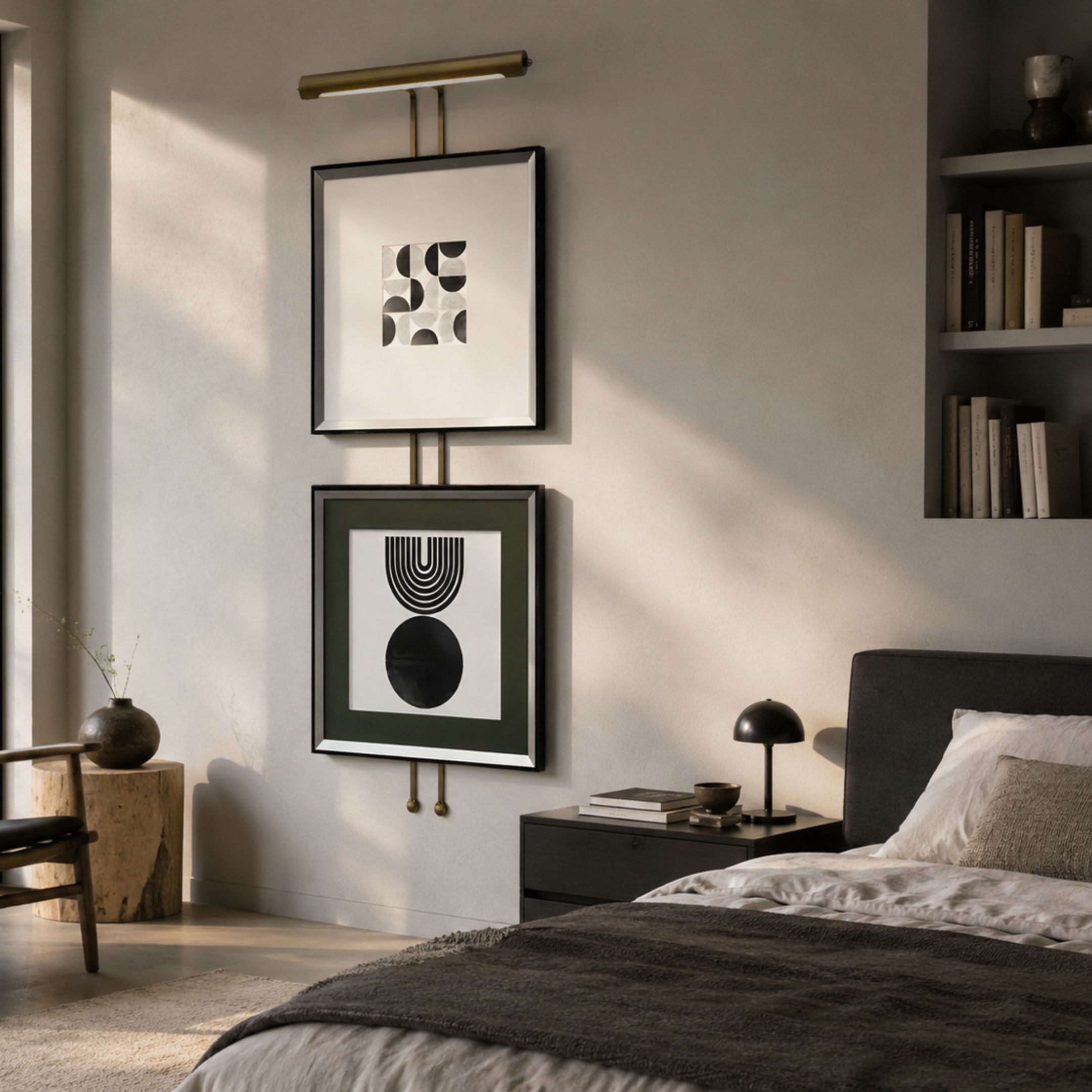 Artisera Monochrome Symphony dual-frame wall art with integrated brass picture light, mounted in a sunlit bedroom above a black nightstand beside the bed.