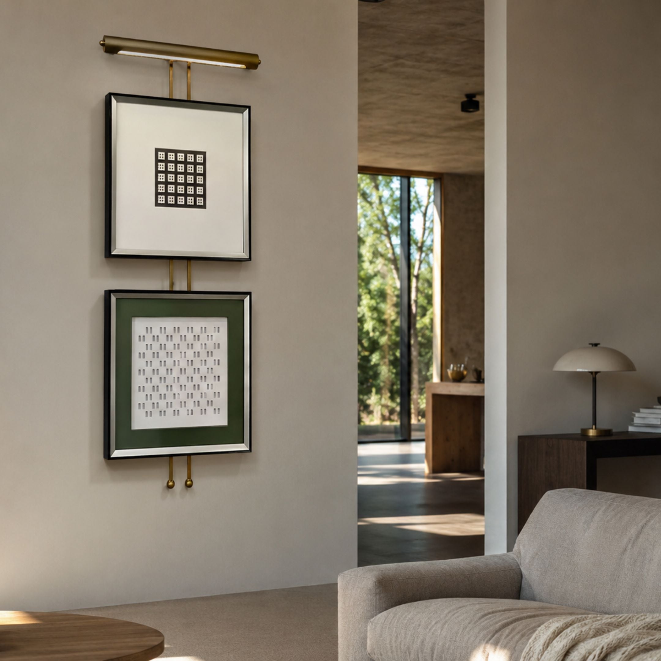 Artisera Quadratic Harmony dual frame wall art with black and gold square frames on a vertical rod with built-in LED light, displayed in a modern living room.
