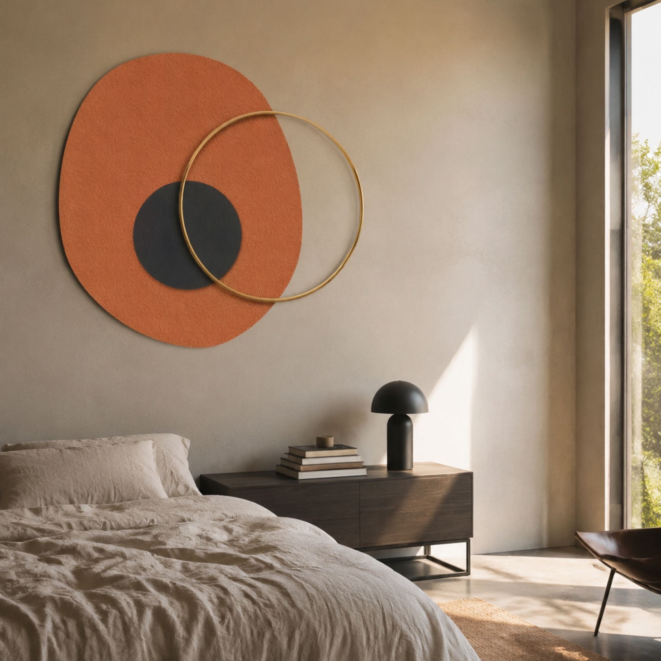 Solaro Earthy Terracotta & Black Round Mural Wall Art by Giant Sculptures displayed above a dark wood nightstand in a sunlit Nordic-inspired bedroom with linen bedding.