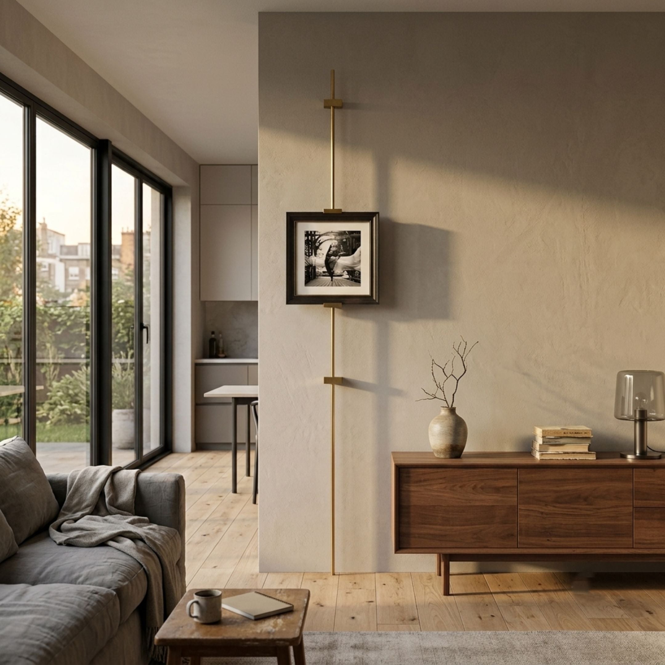 Ecliptica Graceful Dancer Abstract Gold Frame Wall Art displayed on a beige wall in a modern living room with a walnut sideboard, grey sofa, and garden view.