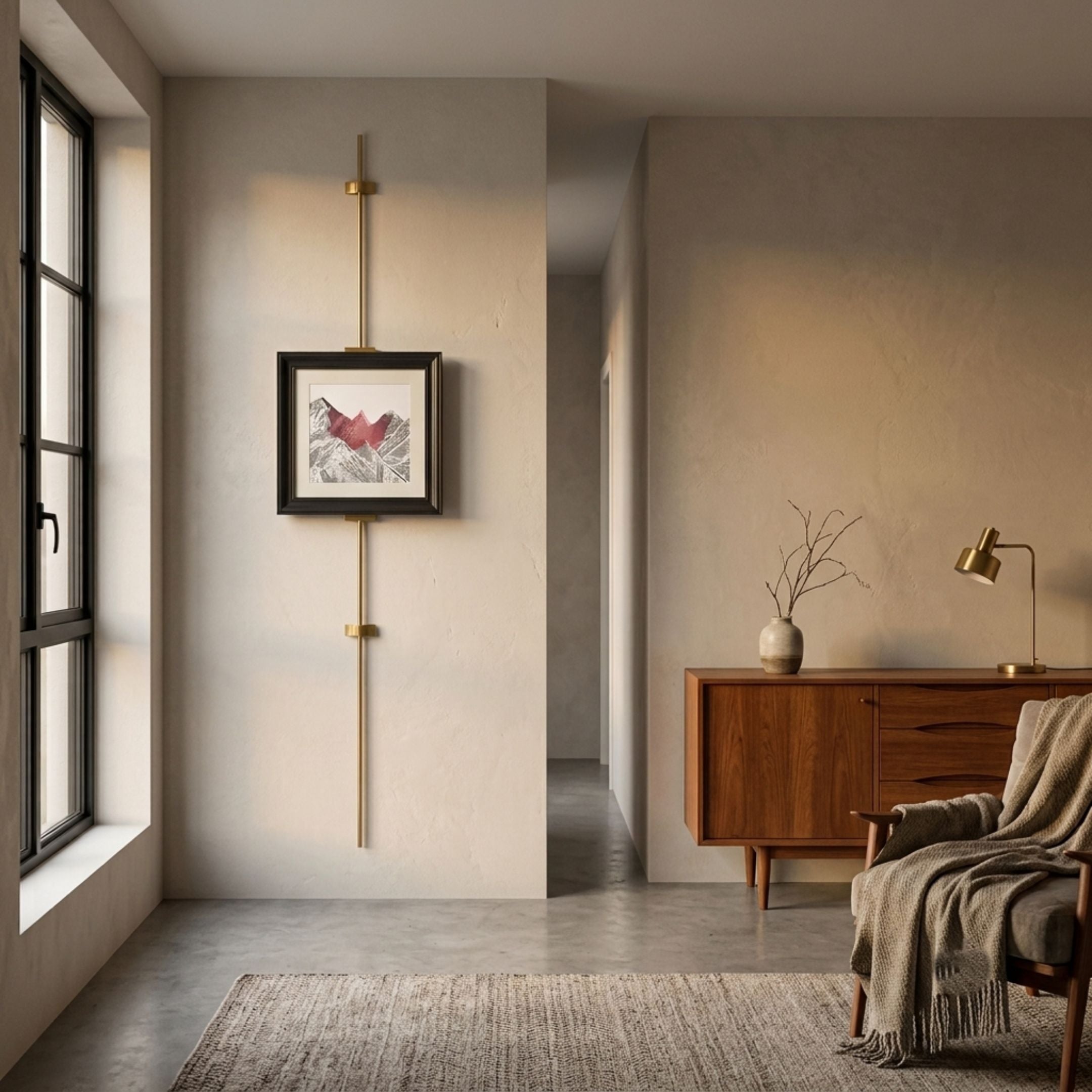 Ecliptica Red Mountain Abstract Gold Frame Wall Art by Giant Sculptures, suspended on a slim gold rod in a hallway with a wood sideboard and armchair.