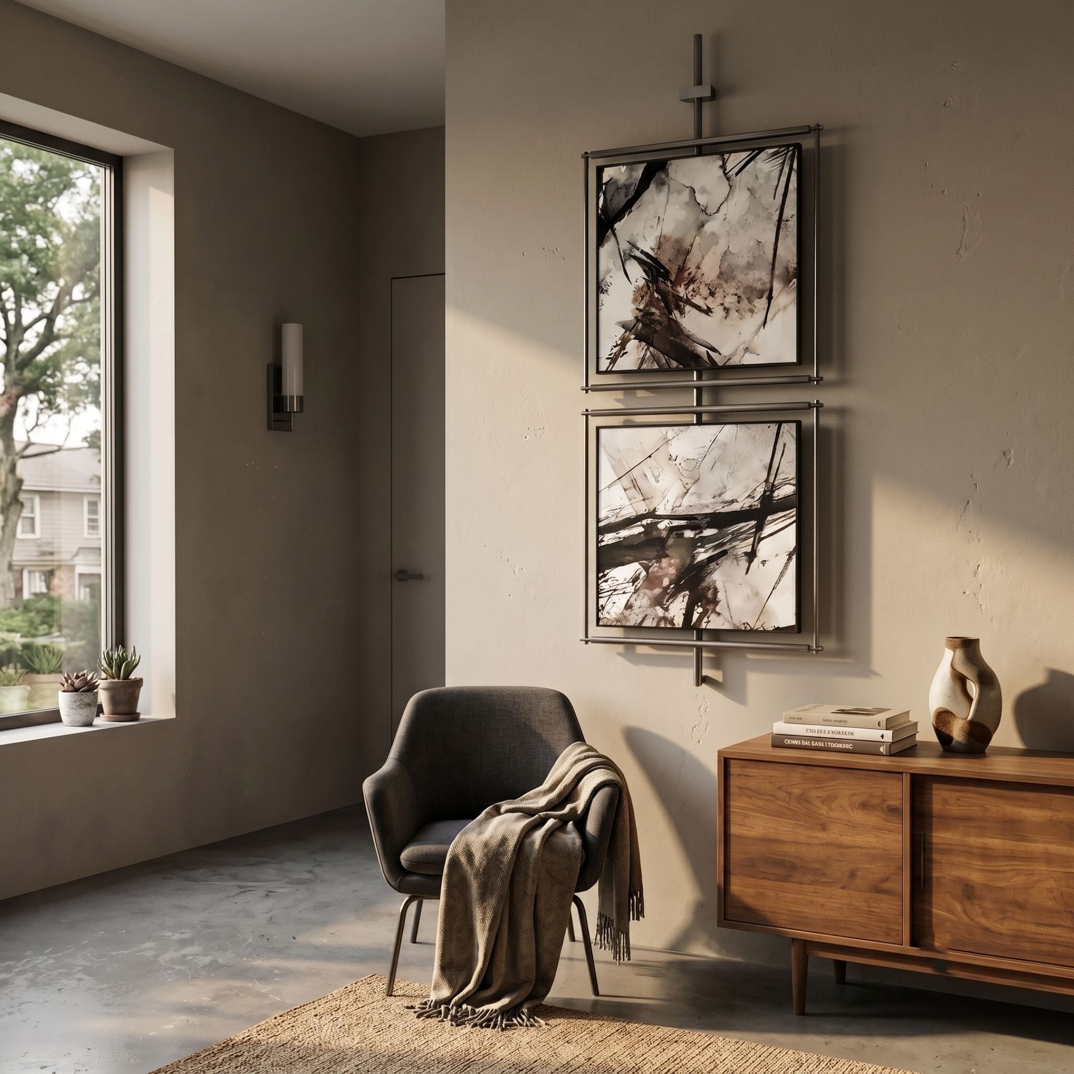Vistarte Neutral Abstract Dual Panel Metal Wall Art by Giant Sculptures, two stacked black-and-white brushstroke panels on a vertical metal rod above a chair and walnut sideboard.