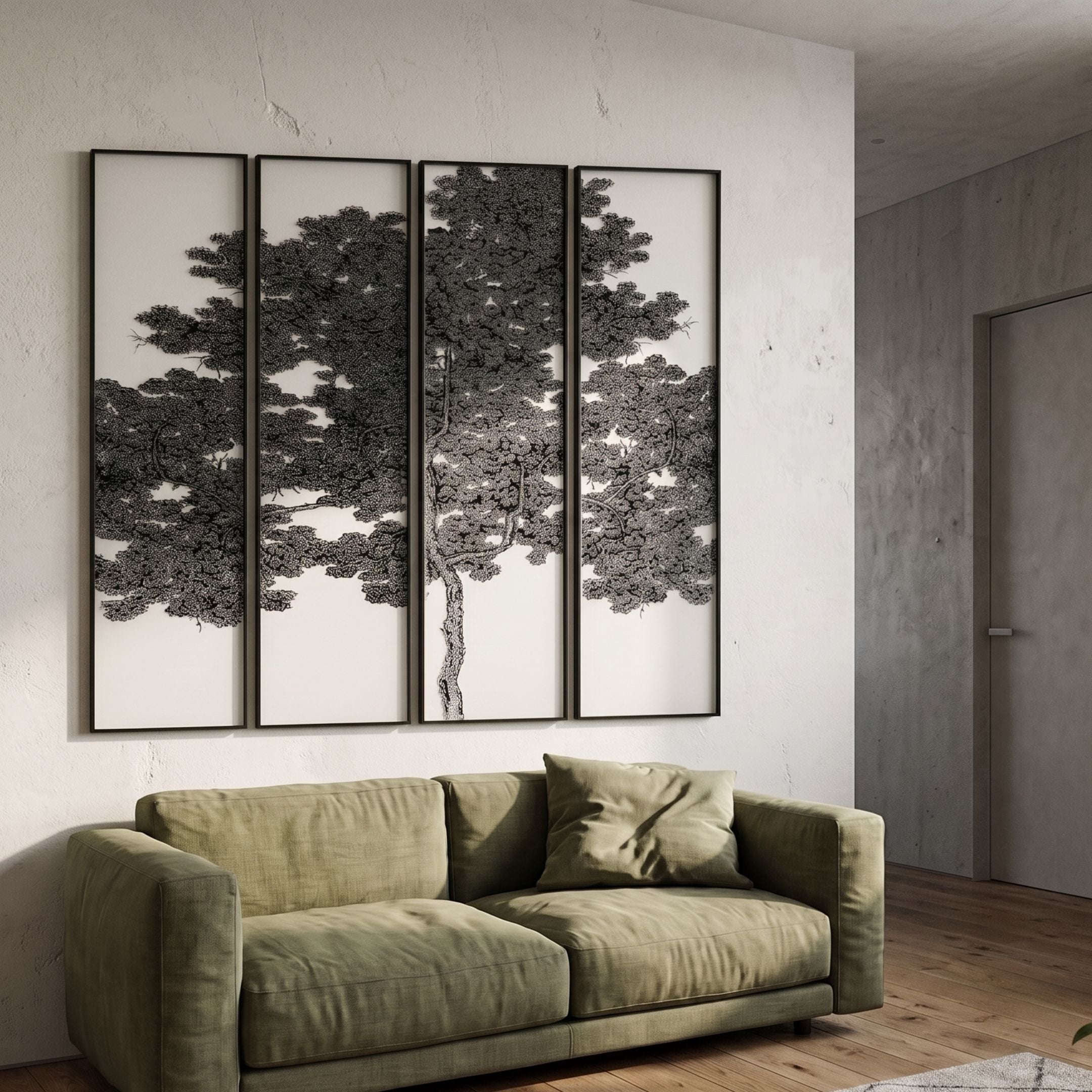 Etheline Refined Silk Art Panels by Giant Sculptures displayed above an olive green sofa, showing a black-and-white tree spanning four vertical panels on a white wall.