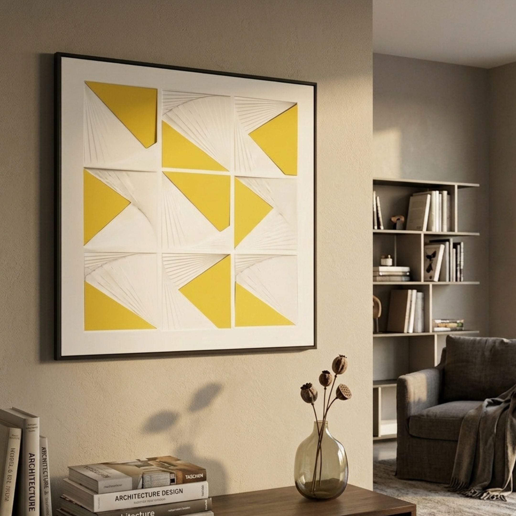 Giant Sculptures Prismatics Yellow Geometric Cardboard Wall Art displayed on a beige living room wall above a console with books, near a bookshelf and armchair.