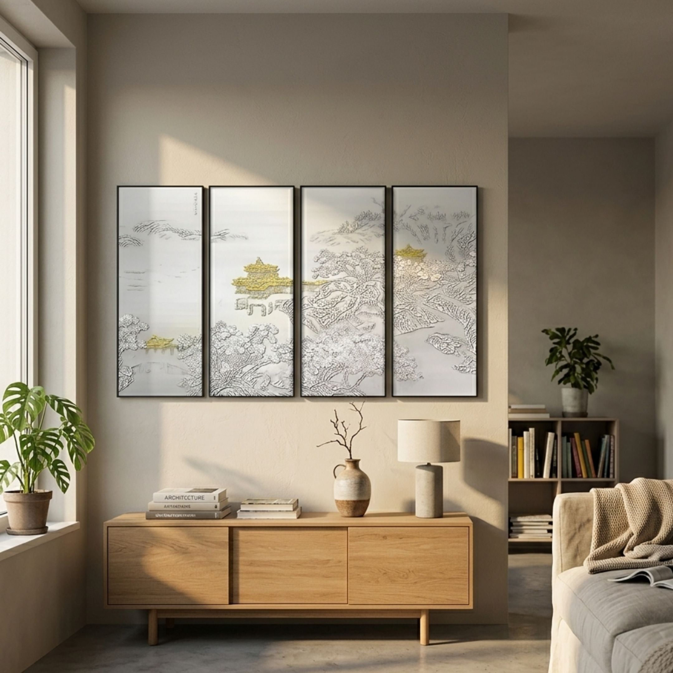 Velantra Harmonious Multi-Panel Silk Art by Giant Sculptures displayed above a wooden sideboard in a sunlit living room with plants and bookshelf.