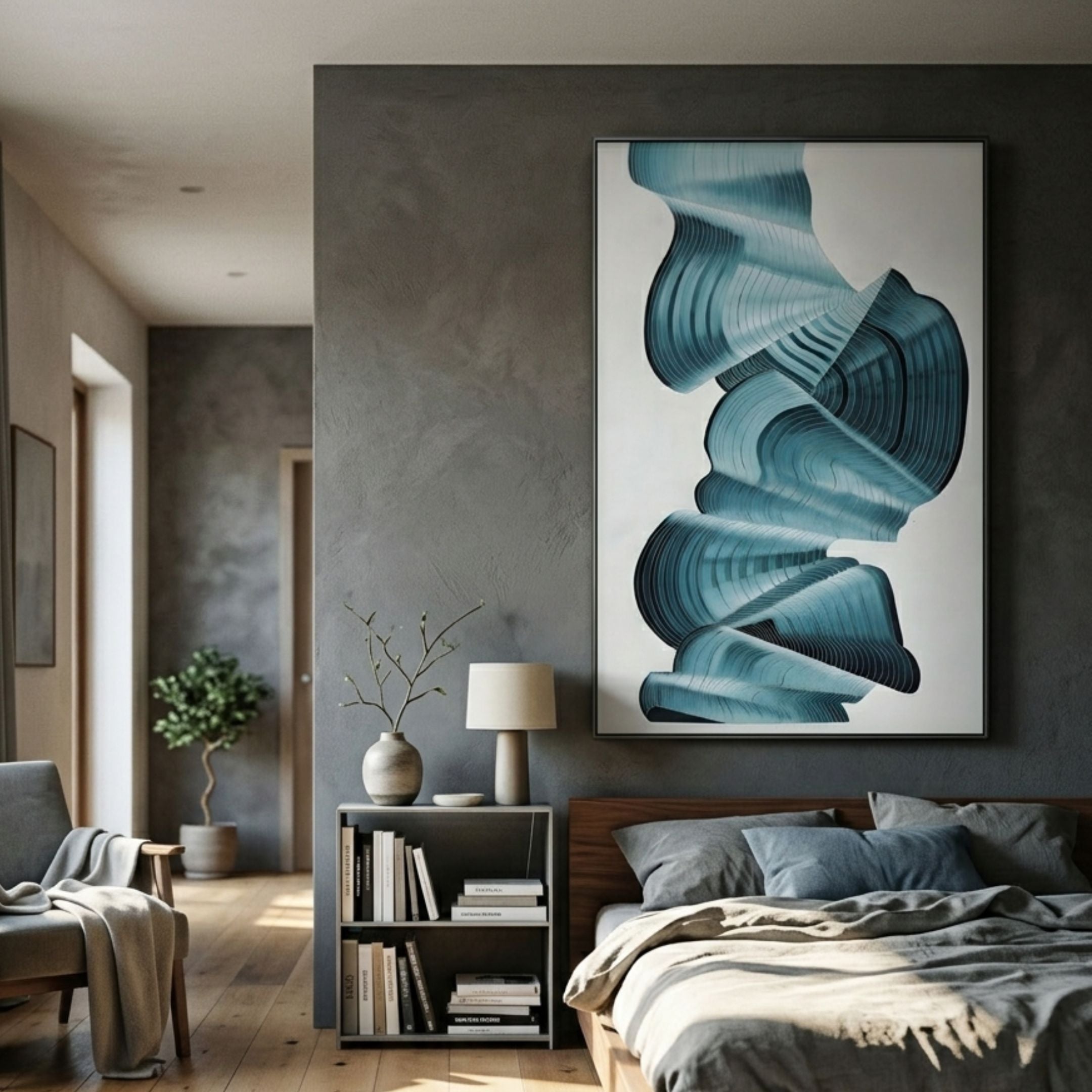Vortex Blue Spiral Silver Copper Wire Enamel Abstract Wall Art hung in a modern grey bedroom above a bookshelf with lamp, beside a wood-framed bed.