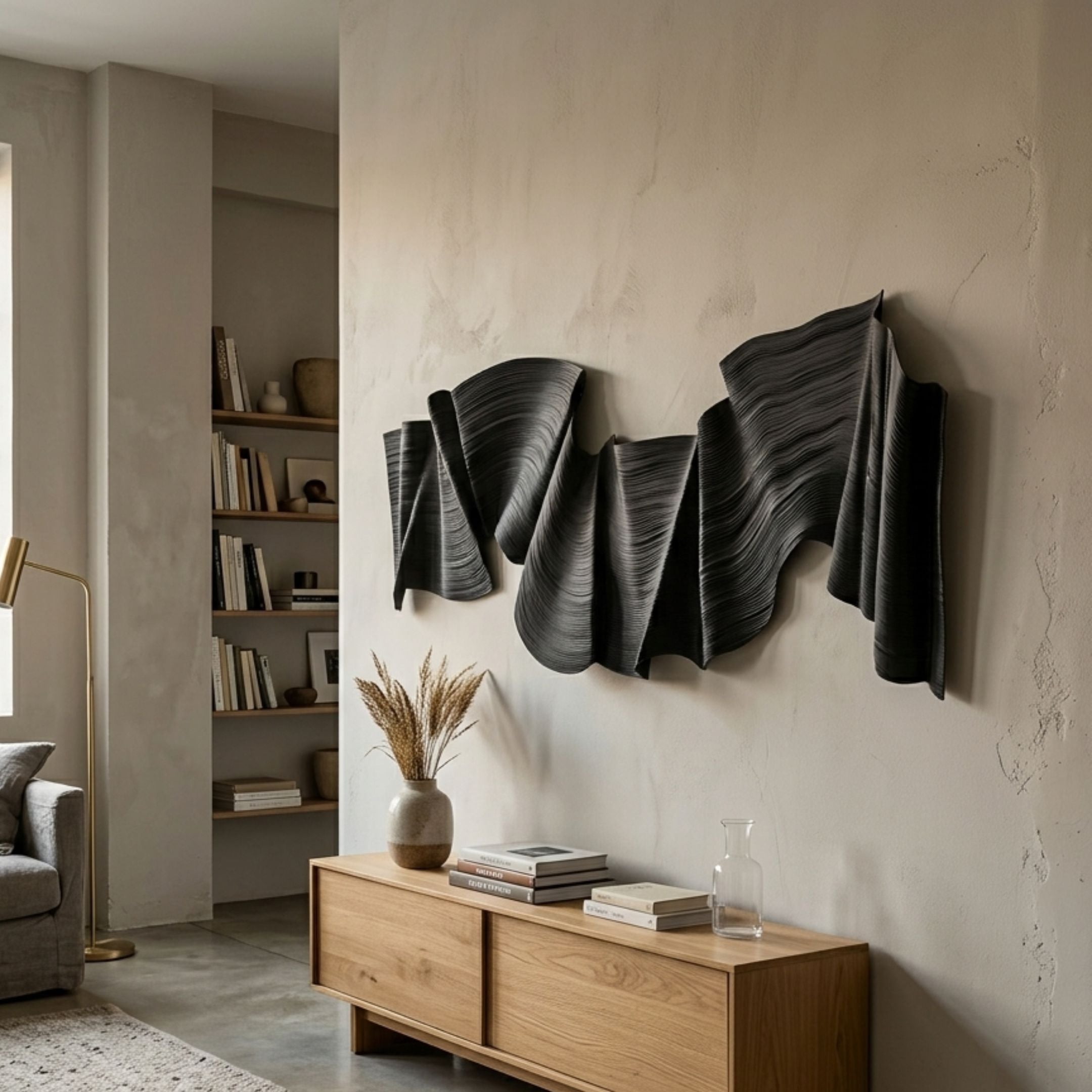 Rollscape Charcoal Flow Enamel Decorative Wall Art by Giant Sculptures, mounted above an oak console in a neutral living room with bookshelf and floor lamp.