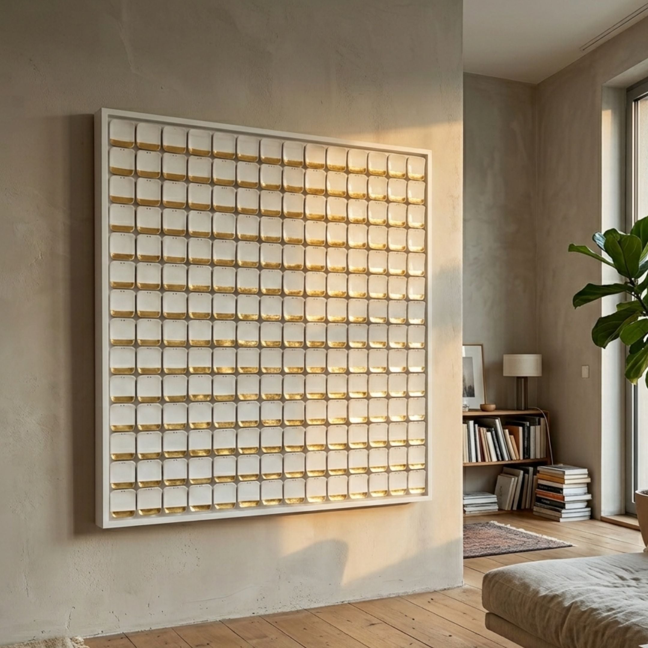 Lyselle 3D Ceramic Wall Art by Giant Sculptures, glossy white tile grid with hand-applied gold foil, mounted in a sunlit living room beside a bookshelf.