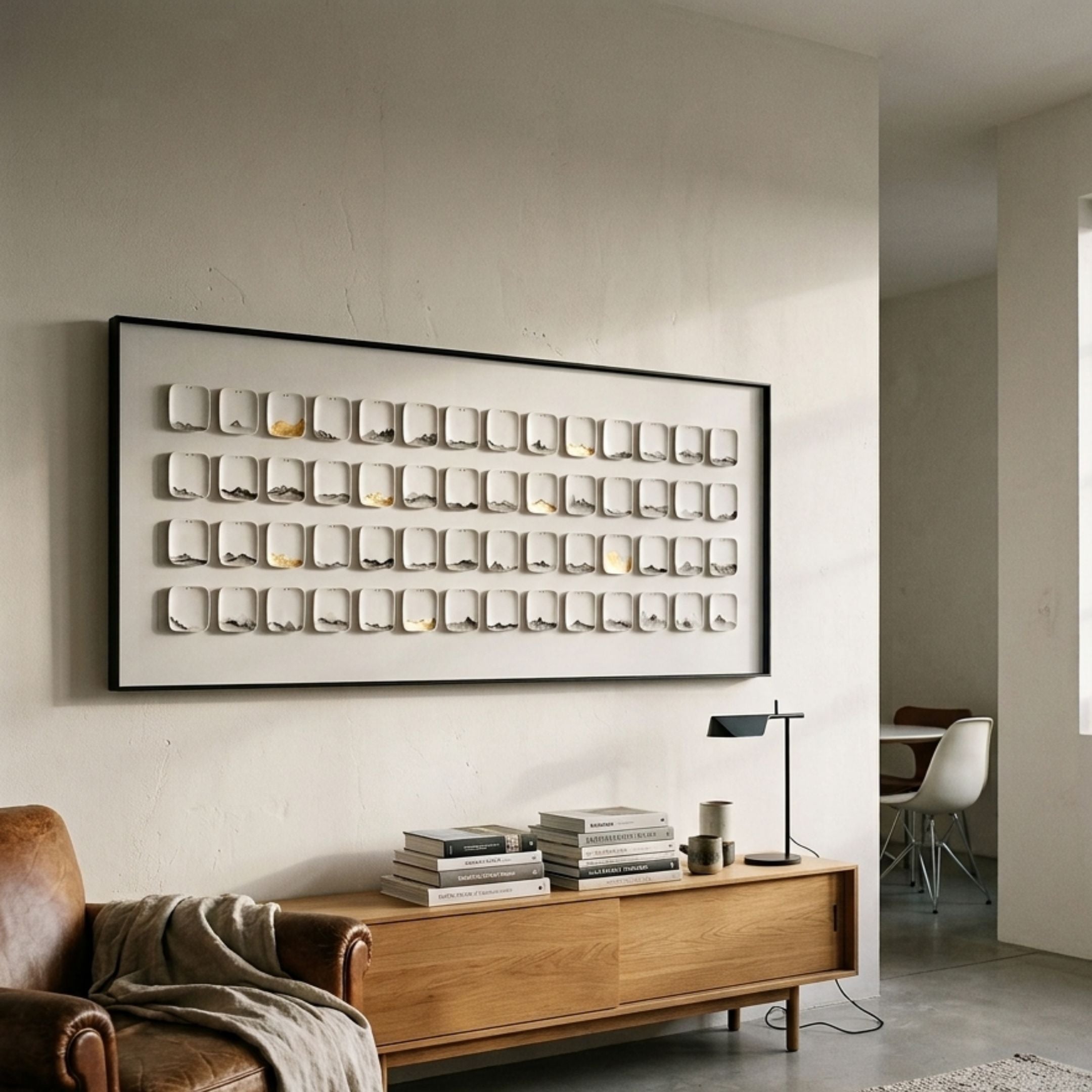 Lureva 3D Ceramic Wall Installation with gold foil and metal trim by Giant Sculptures, mounted above a wooden sideboard with books and lamp in a modern living room.