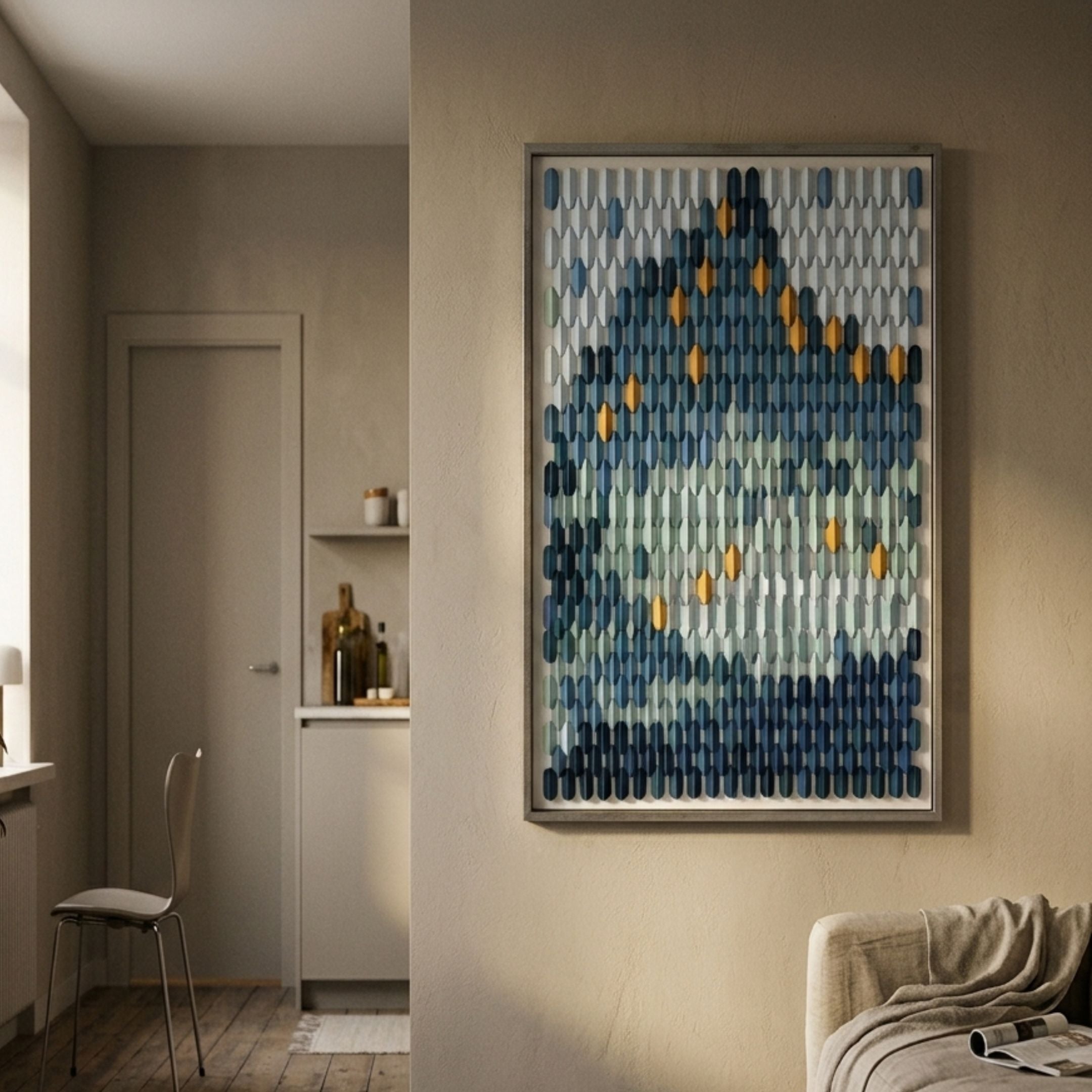 Artevo 3D Ceramic Wall Art in blue, grey, white, and orange tones, framed and mounted on a beige wall beside a hallway leading to a kitchen.