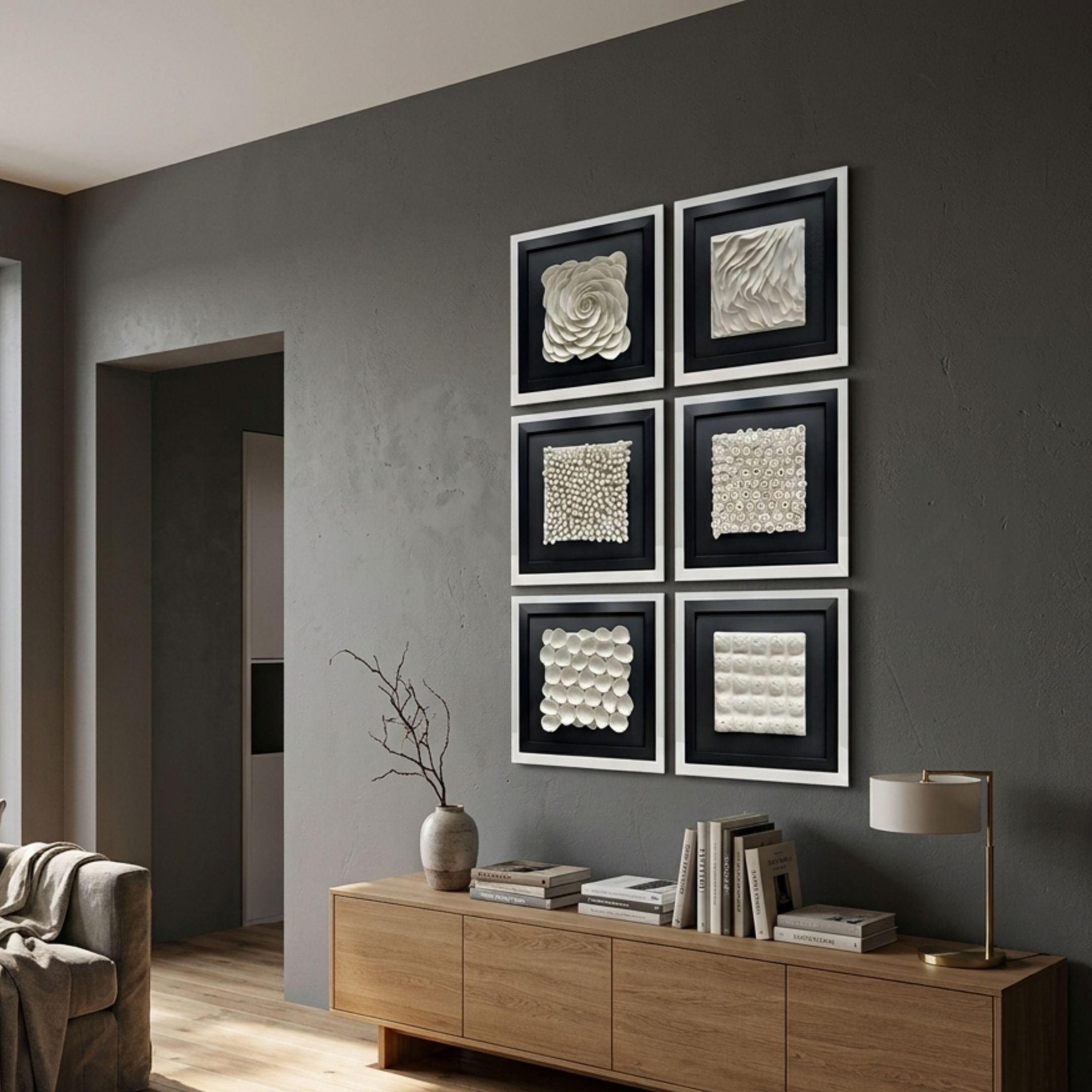 Harmonia Set of 6 Ceramic 3D Wall Sculptures With Black Frames & Acrylic Box