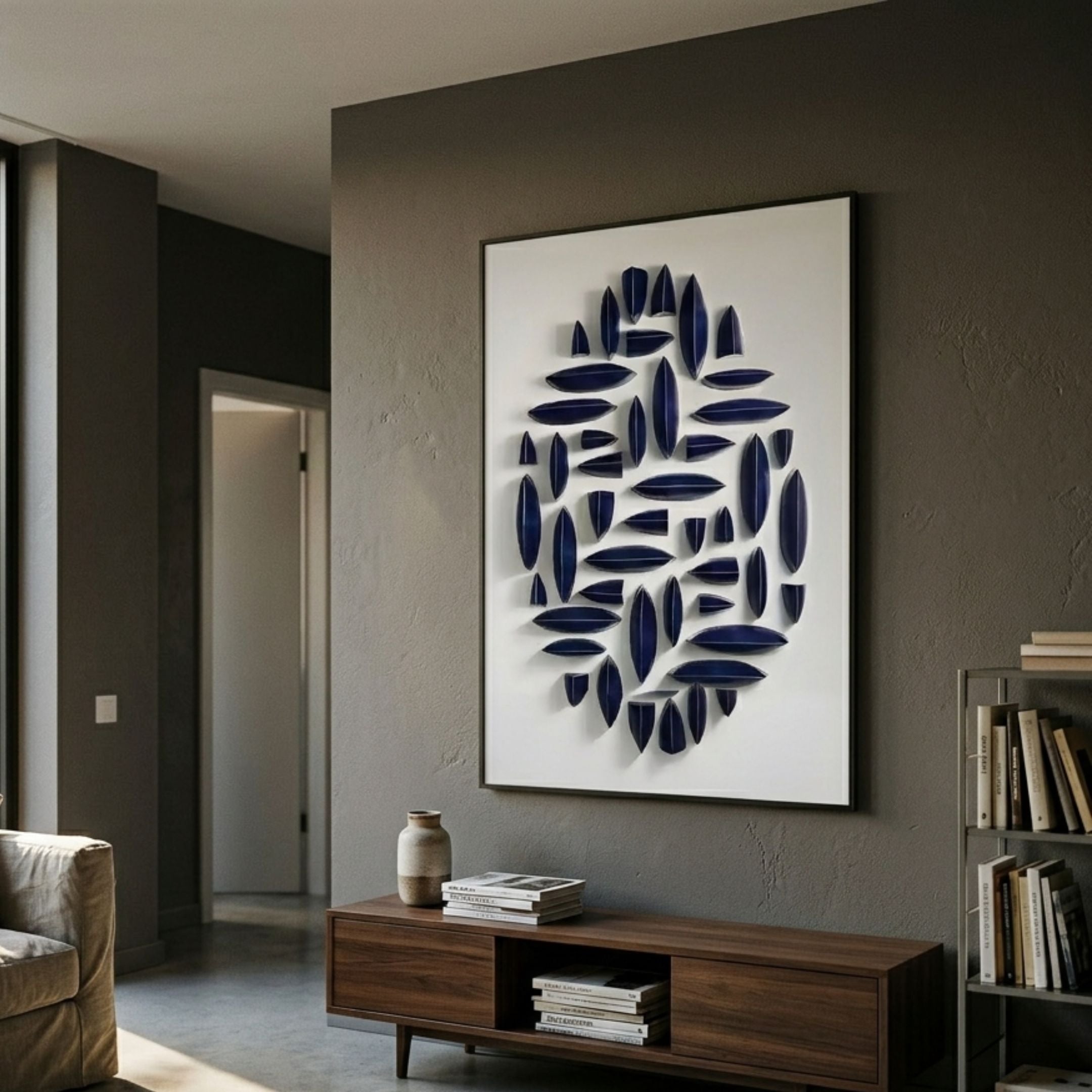 Elysian 3D Ceramic Wall Art with vertical blue geometric design by Giant Sculptures, displayed above a walnut console in a modern grey-walled living room.