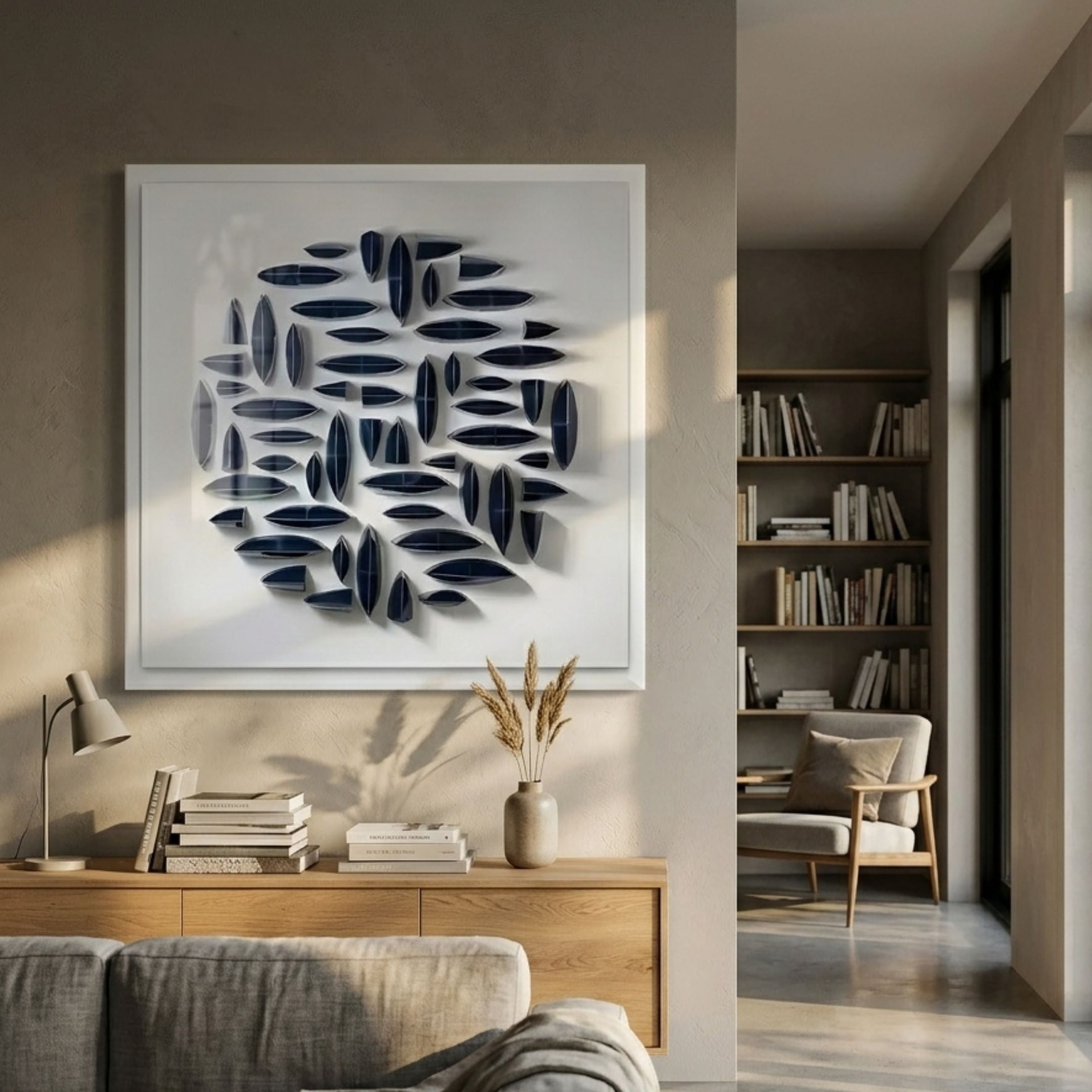Elysian 3D Ceramic Wall Art by Giant Sculptures with navy blue organic forms in a circular composition, displayed above an oak console in a modern living room.