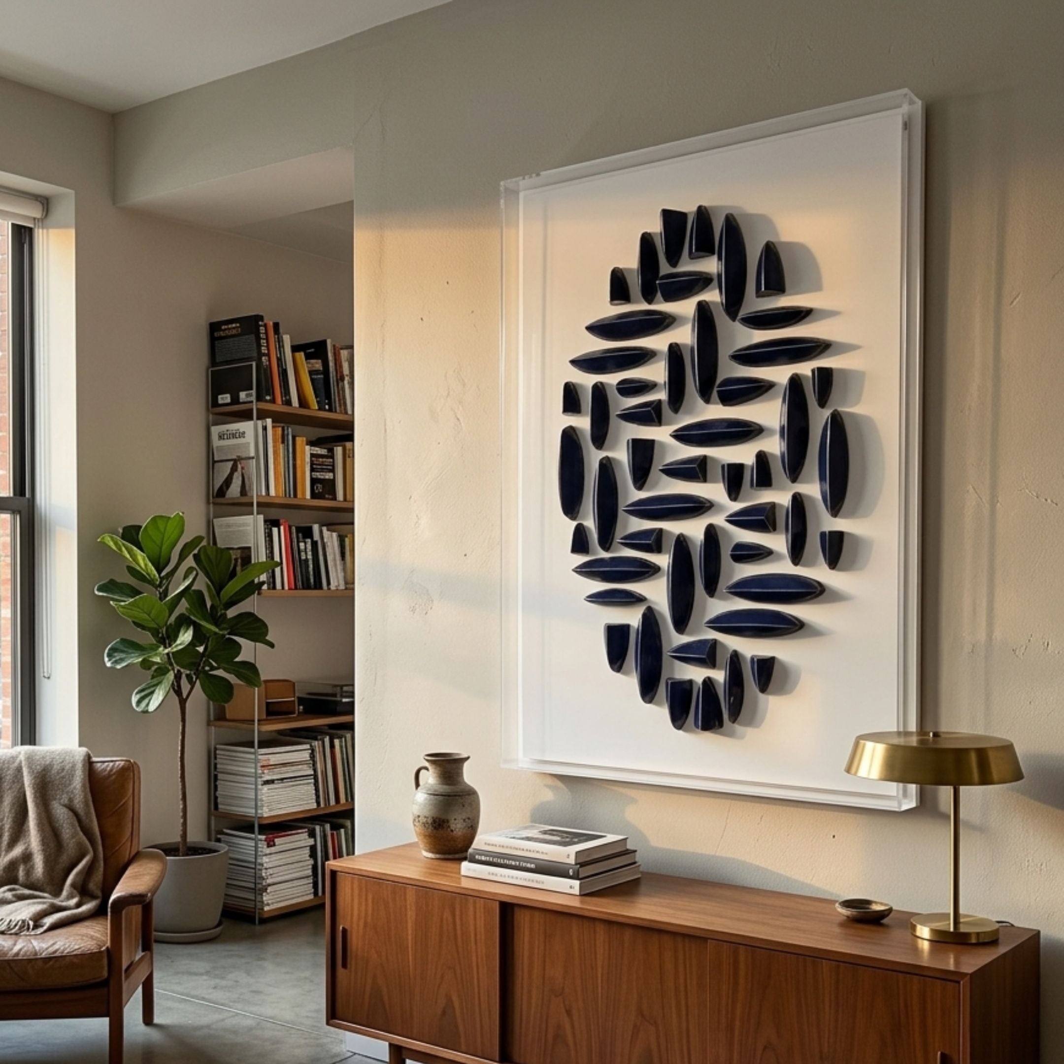 Elysian 3D Ceramic Wall Art by Giant Sculptures, navy blue oval and capsule cluster in a white frame, displayed above a walnut sideboard in a modern living room.