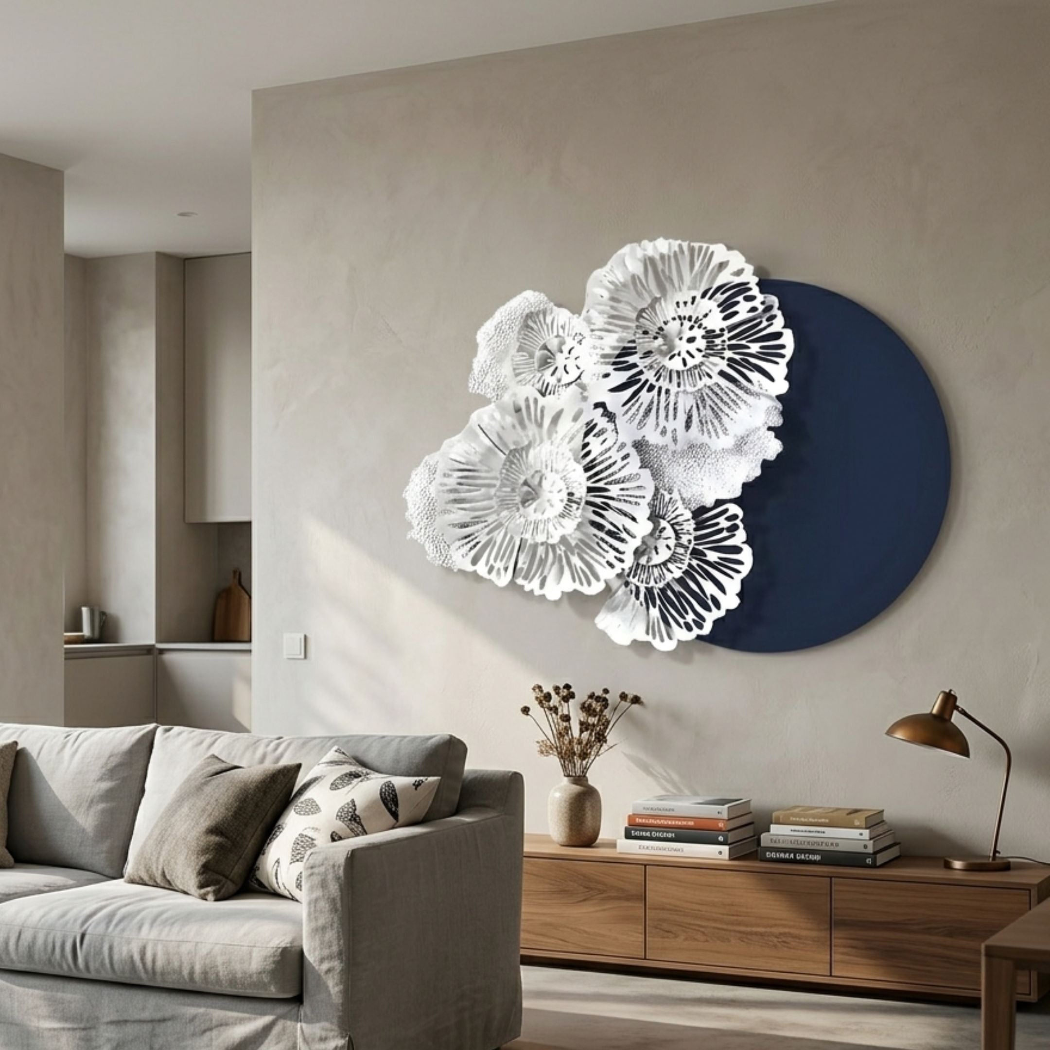 Fleur Halo Navy Blue Round White Metal Floral Decorative Wall Art by Giant Sculptures displayed above a wooden console in a neutral living room.