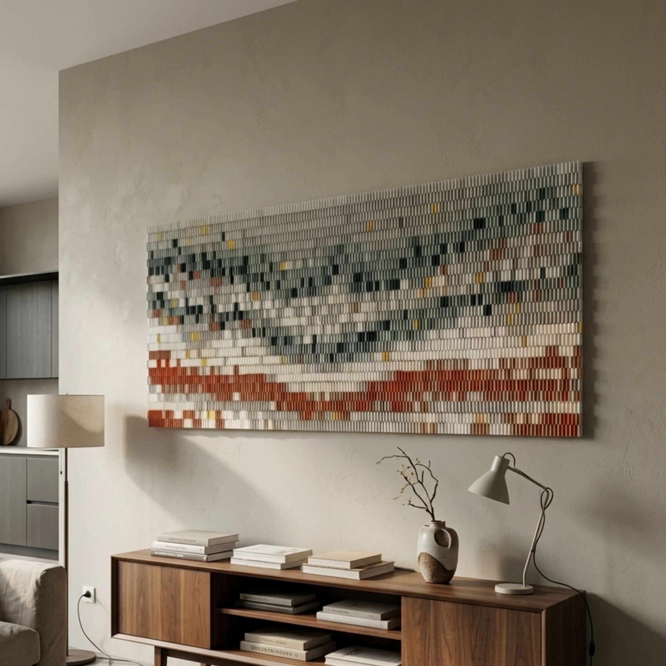 Avaris Frameless 3D Ceramic Wall Art mounted above a walnut sideboard, showing a wavy ceramic landscape in grey, green, cream, and burnt orange tones.