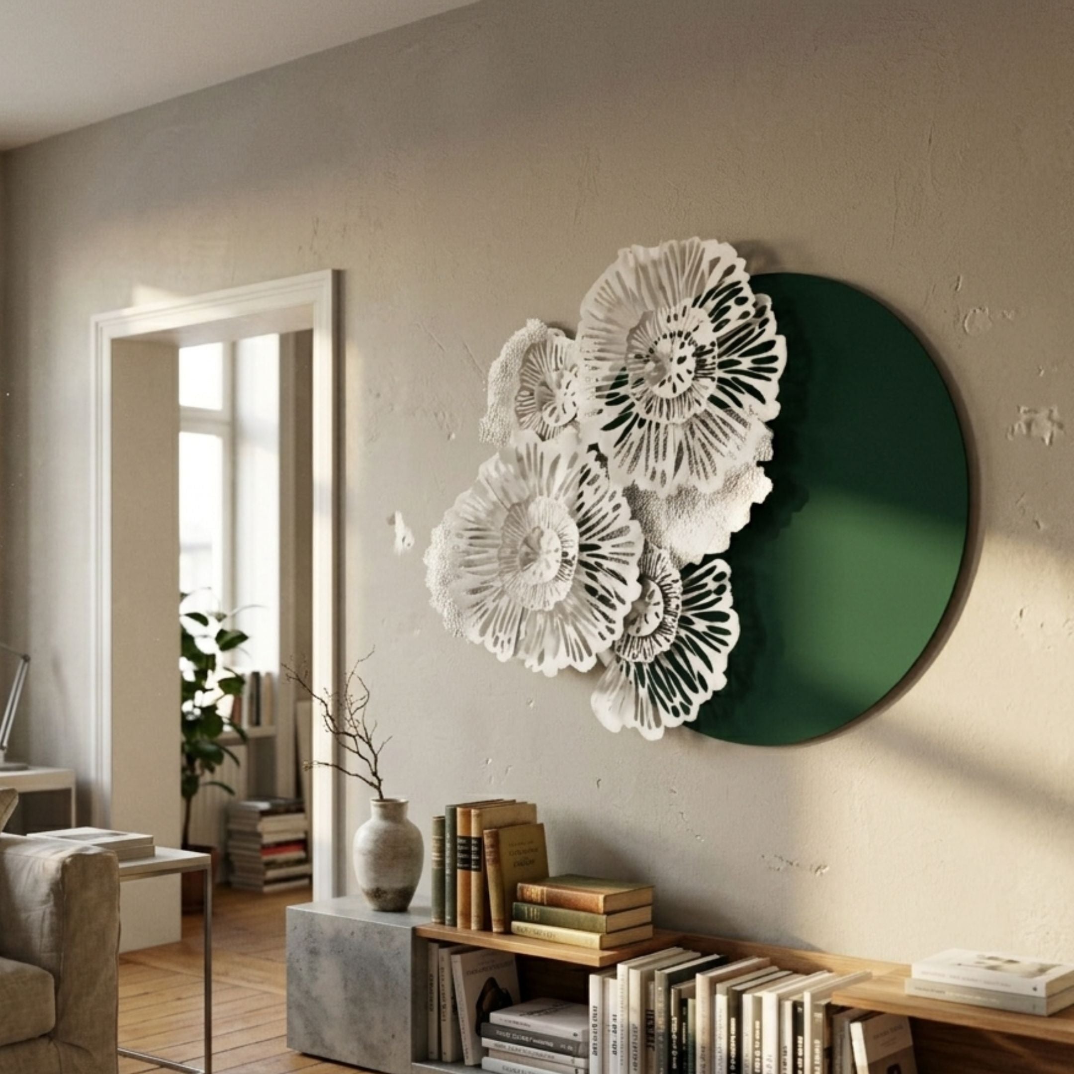 Fleur Halo Green Round White Metal Floral Decorative Wall Art mounted above a low bookshelf and vase in a sunlit neutral living room.