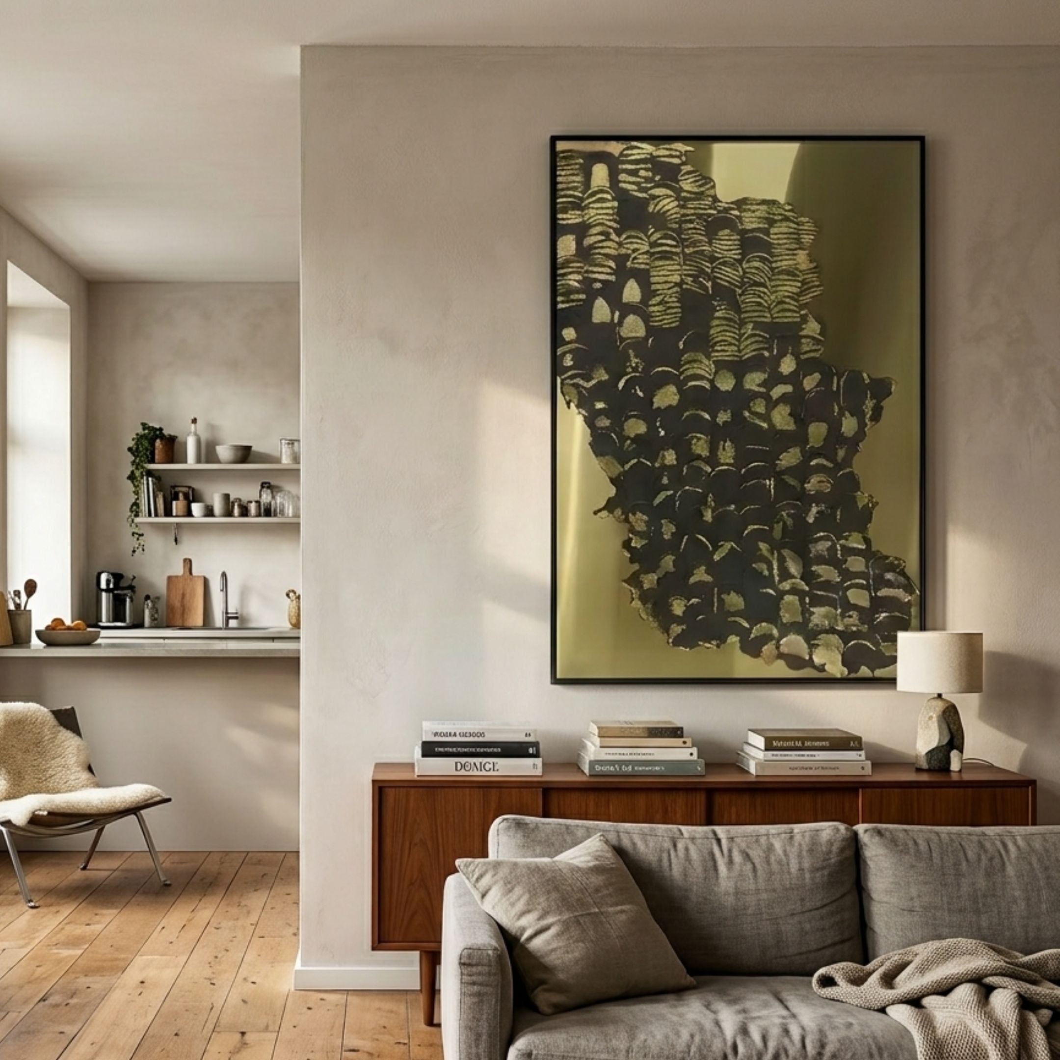 Astrid Black & Gold Mosaic Textured Abstract Wall Art by Giant Sculptures displayed above a walnut sideboard in a neutral living room with grey sofa.
