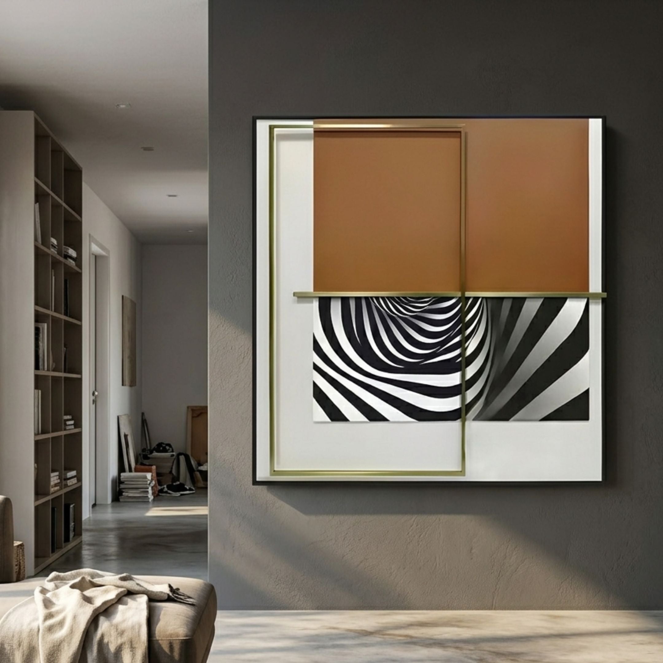 Optique Warp Black & Brown Square Wall Art by Giant Sculptures, mounted on a dark grey wall in a modern hallway with bookshelf and neutral seating nearby.